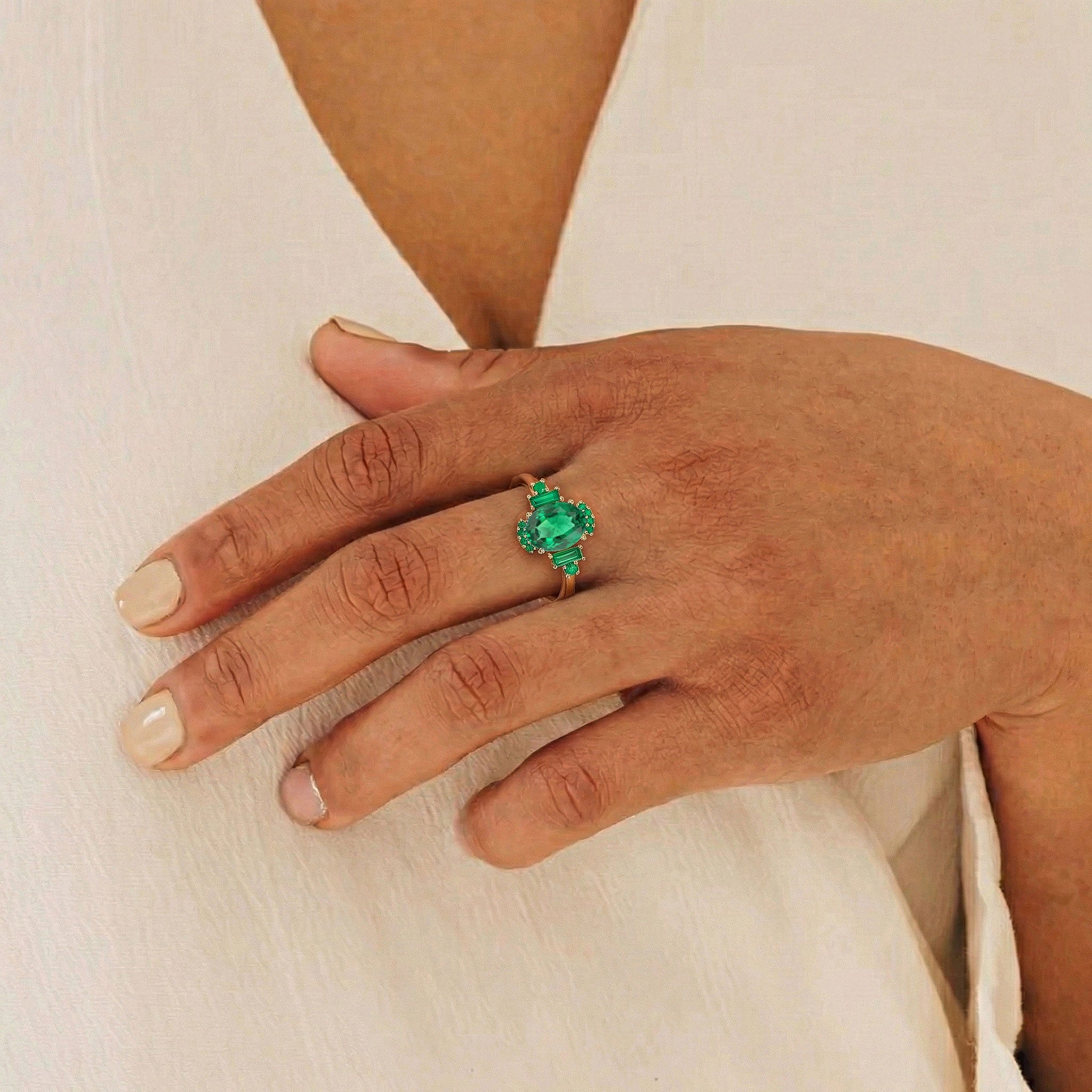 Handmade sterling silver engagement ring with two emerald stones for women