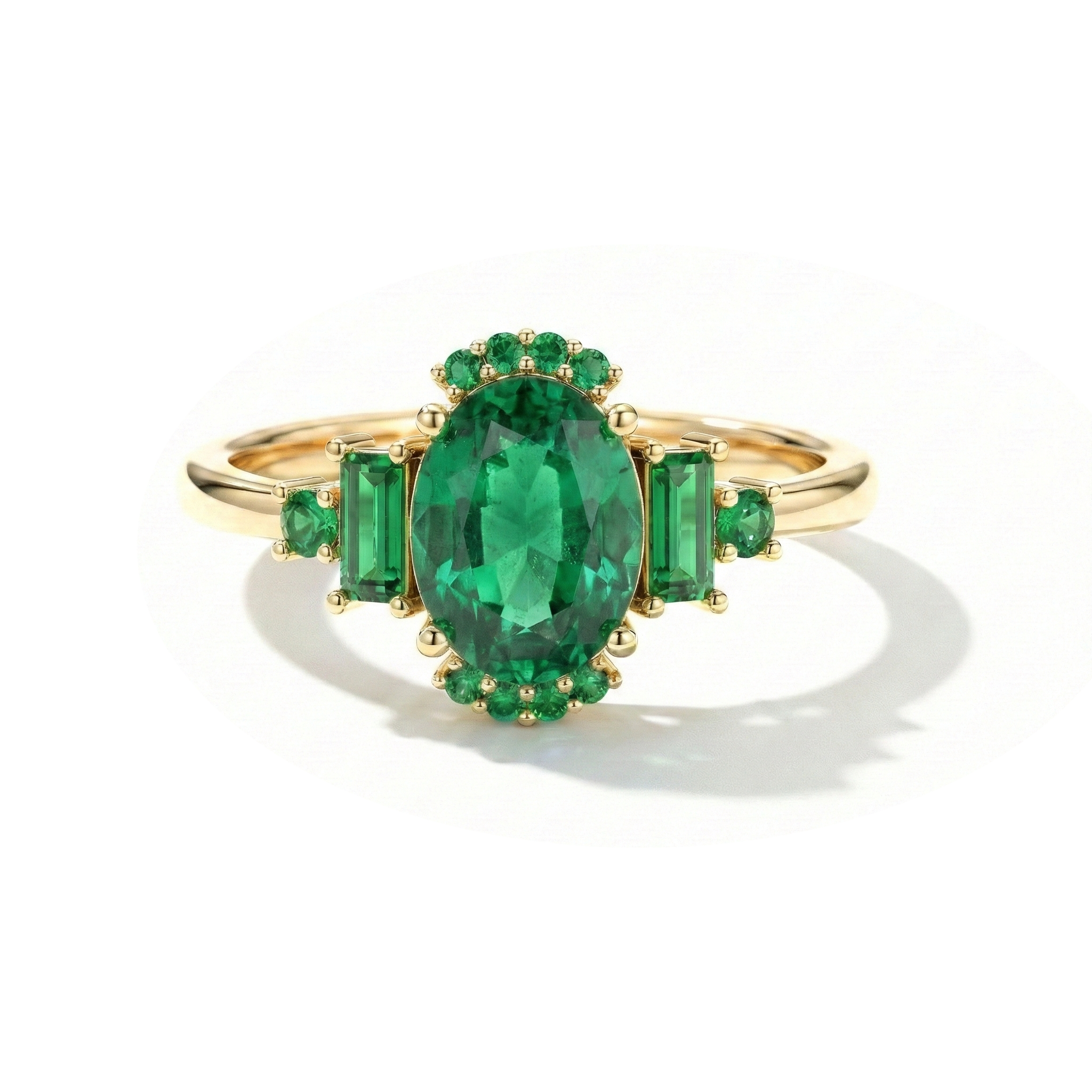 Elegant bridal engagement ring with twin emerald design in gold filled sterling silver finish