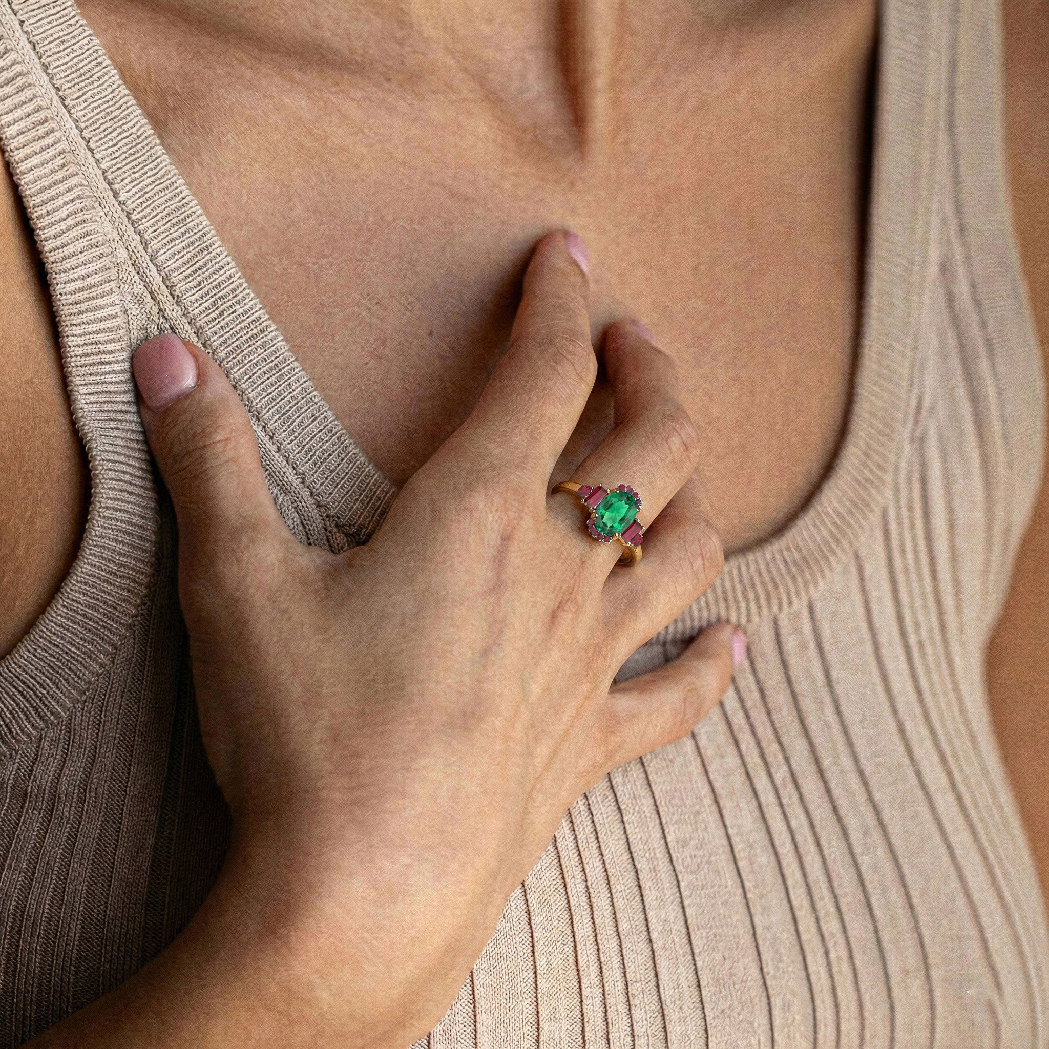 Handmade sterling silver ring with emerald and ruby gemstones