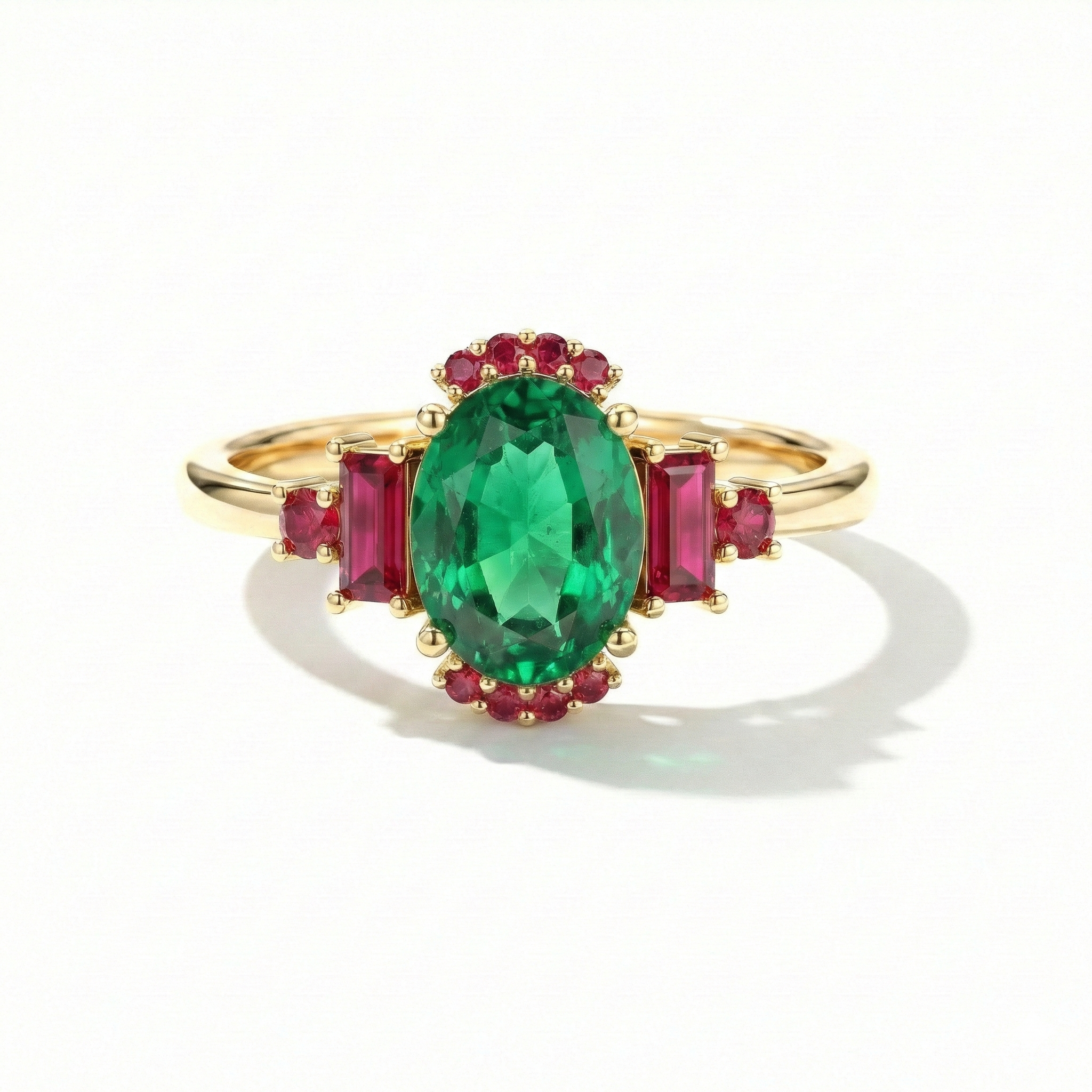 Bridal engagement ring with emerald and ruby in gold filled silver