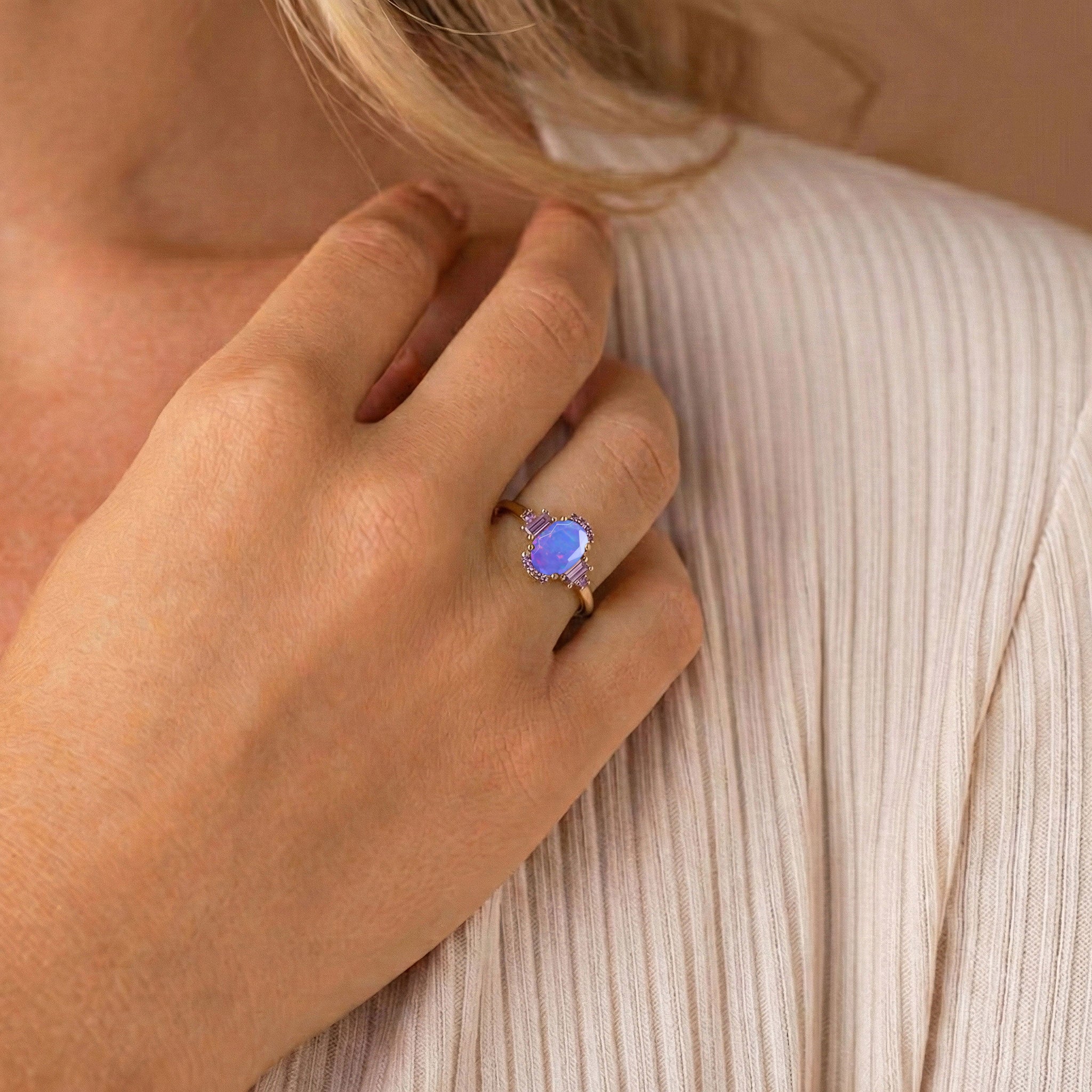Close up lavender opal and amethyst ring in 925 sterling silver with rose gold filled jewelry accents