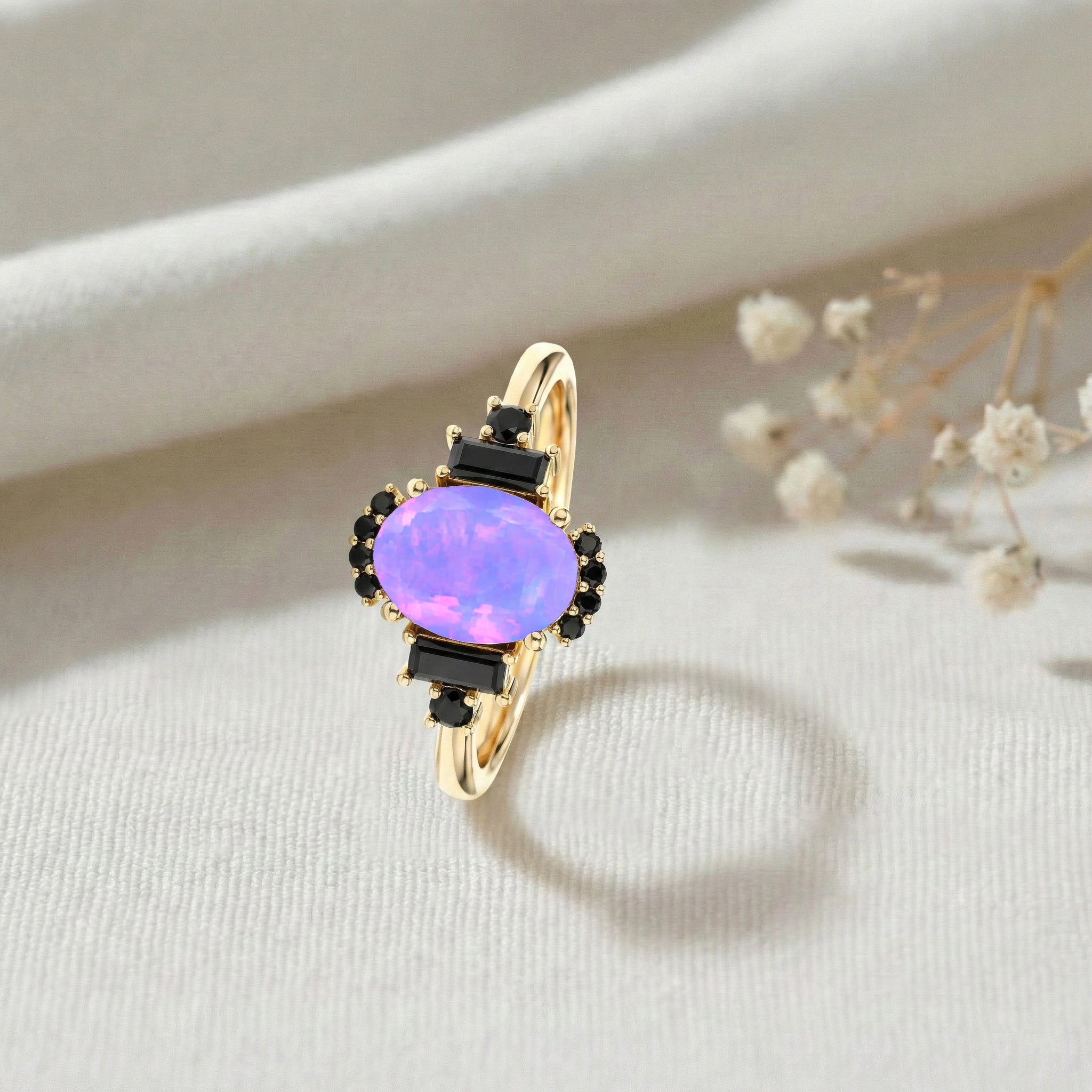 Unique lavender opal and onyx promise ring sterling silver engagement jewelry for her