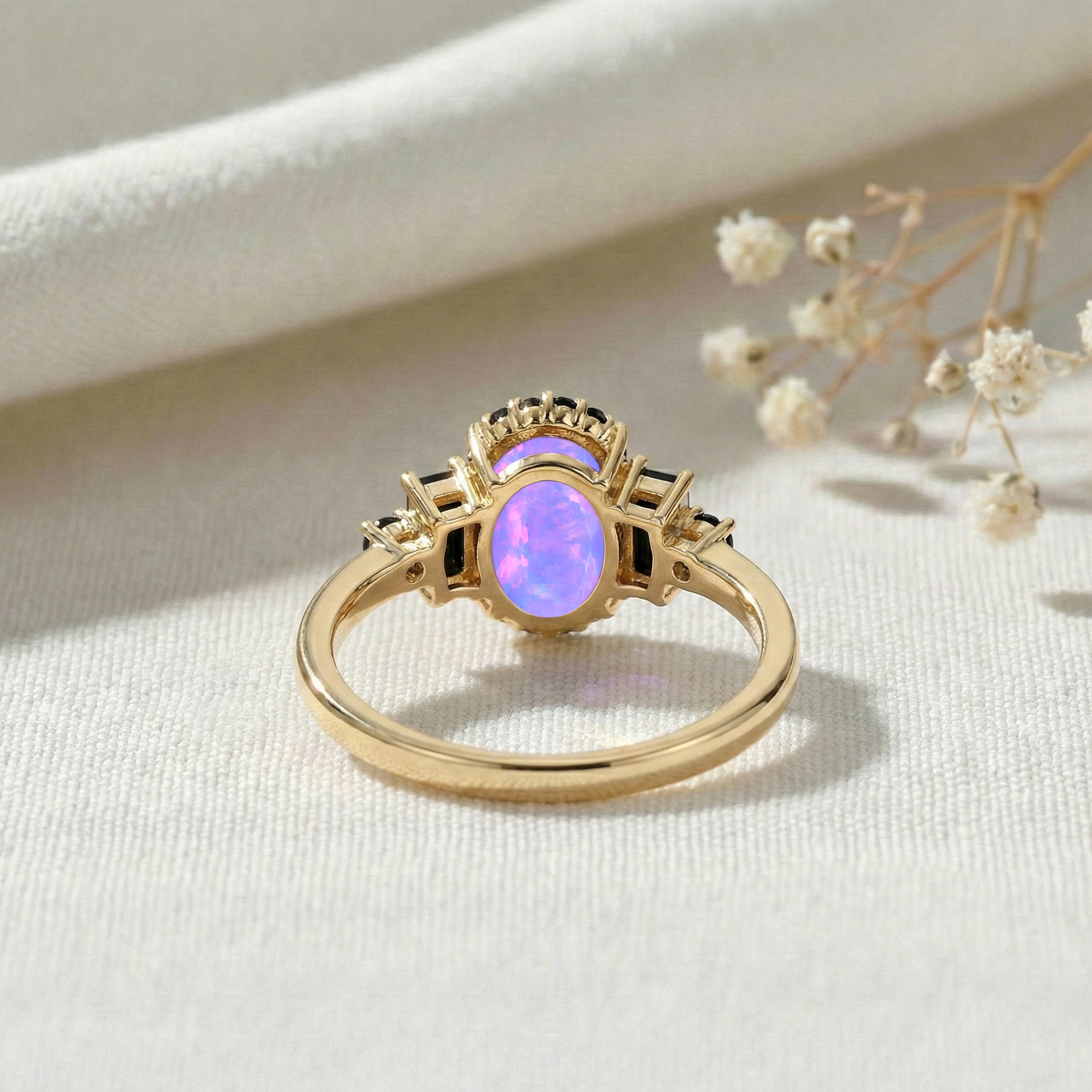 Luxury gemstone engagement ring lavender opal and black onyx stones in sterling silver bridal ring