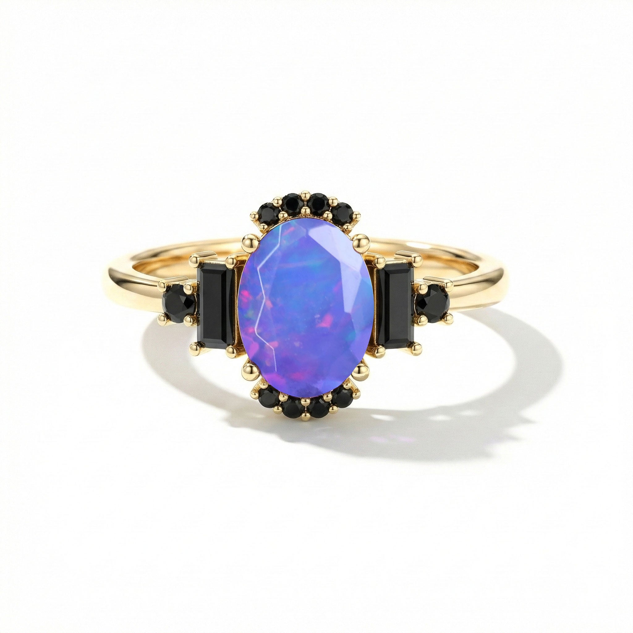 Handmade lavender opal engagement ring with onyx stone in 925 sterling silver for women