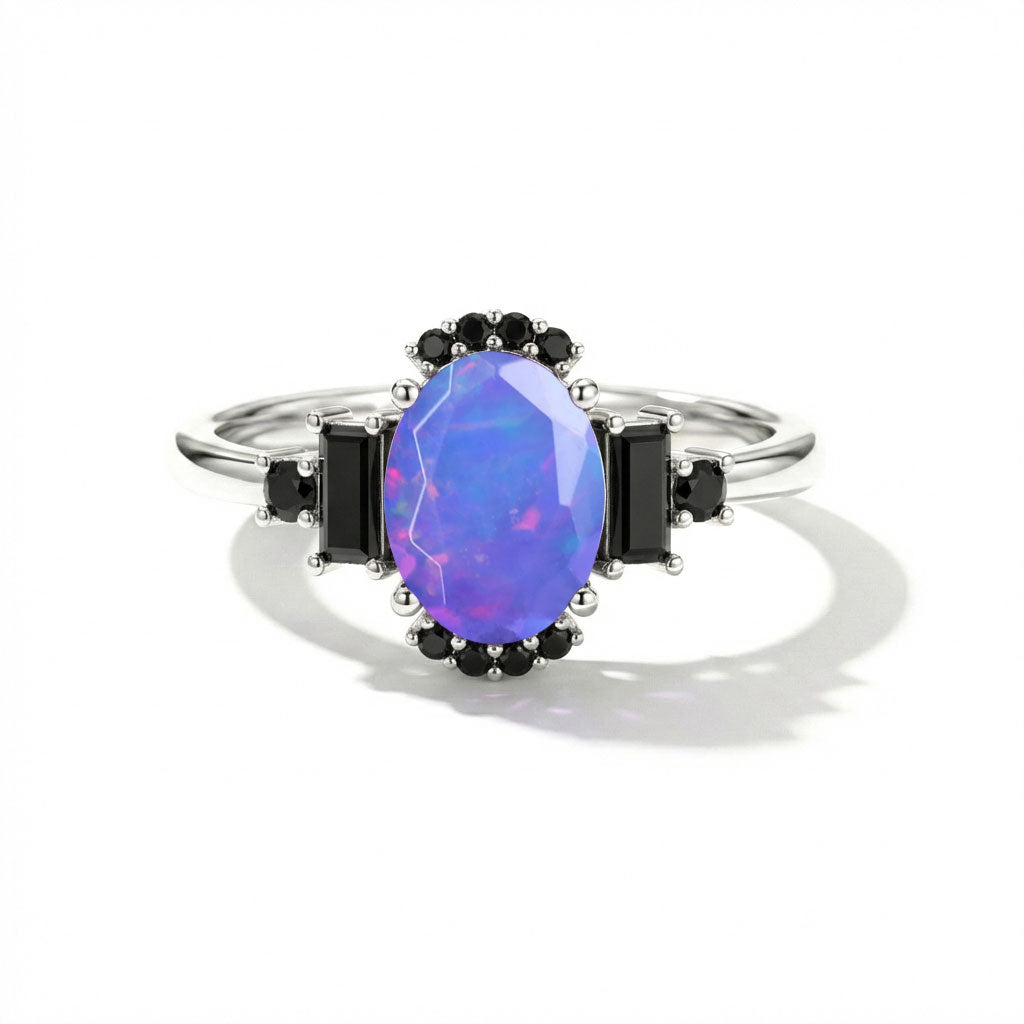 Lavender opal engagement ring and onyx engagement ring in 925 sterling silver bridal jewelry for women
