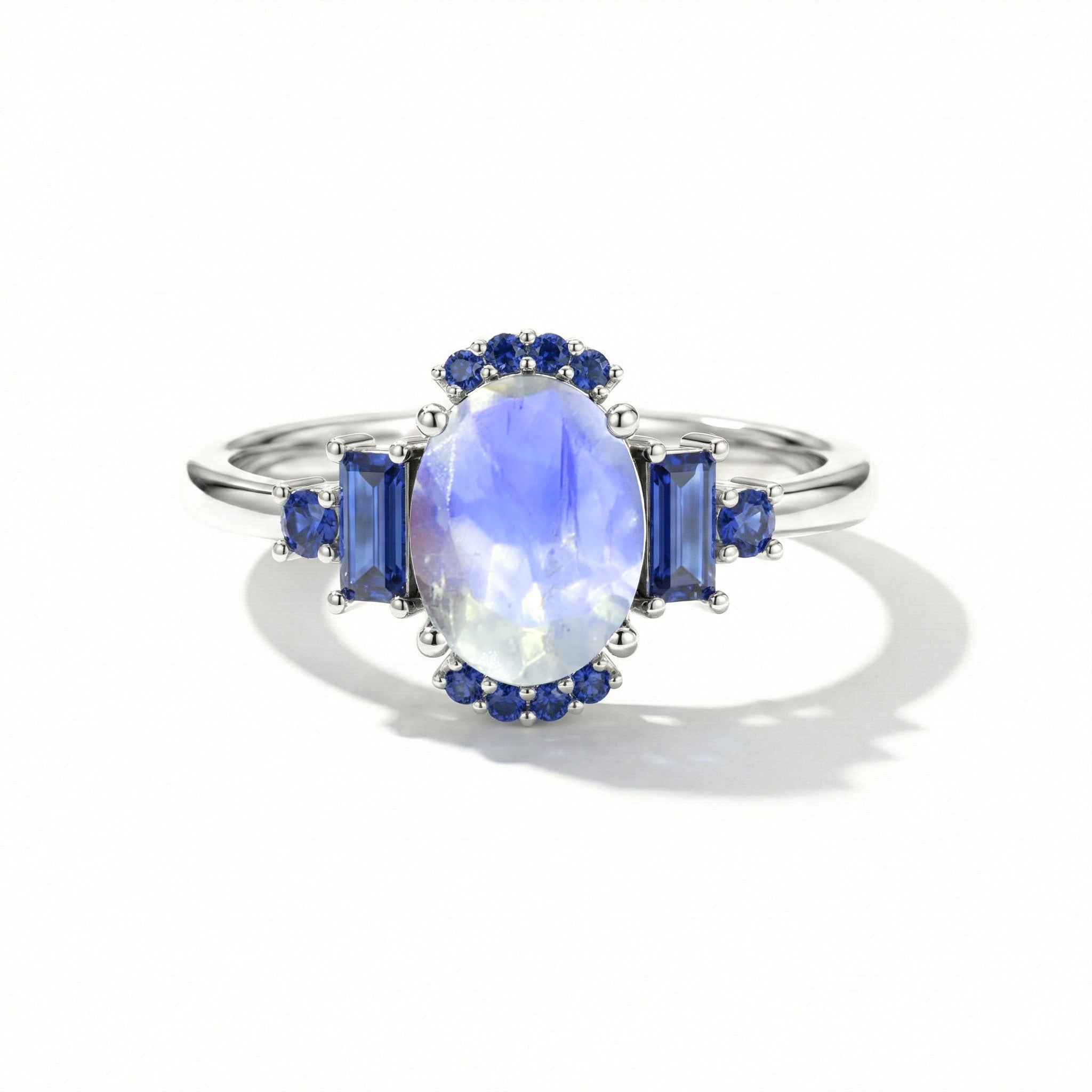 Moonstone and blue sapphire engagement ring in 925 sterling silver minimalist bridal jewelry for women
