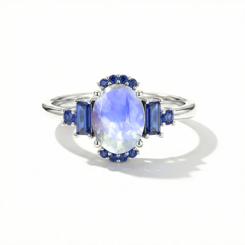 Moonstone Blue Sapphire Engagement Ring | Minimalist Gift Jewelry |Valentines Jewelry Gift