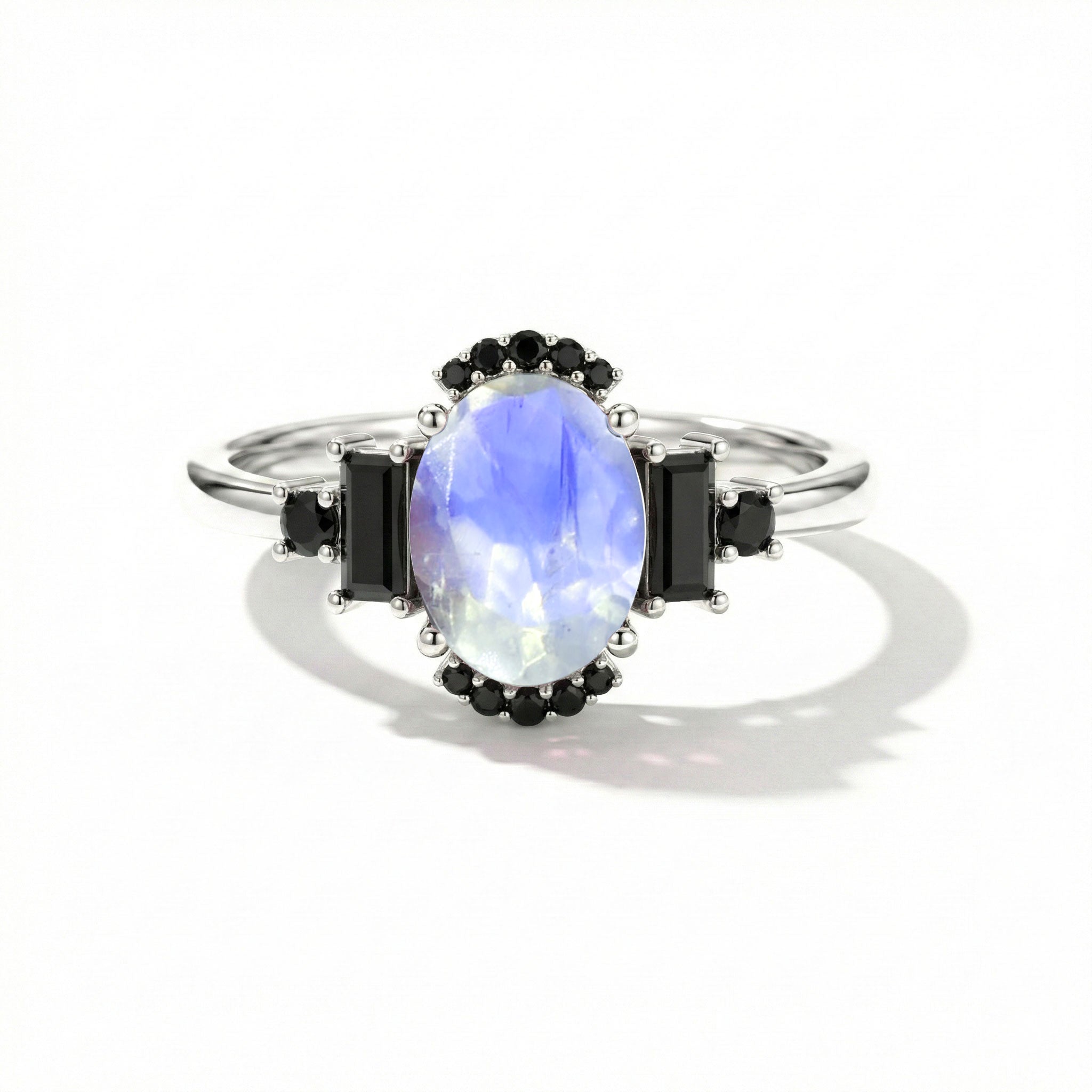 Moonstone and onyx engagement ring in 925 sterling silver minimalist bridal jewelry for women