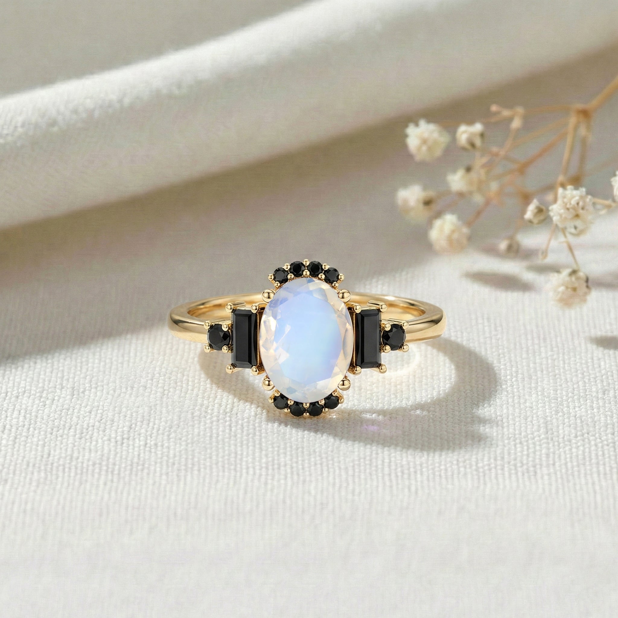 June birthstone moonstone ring with onyx in sterling silver engagement jewelry for women
