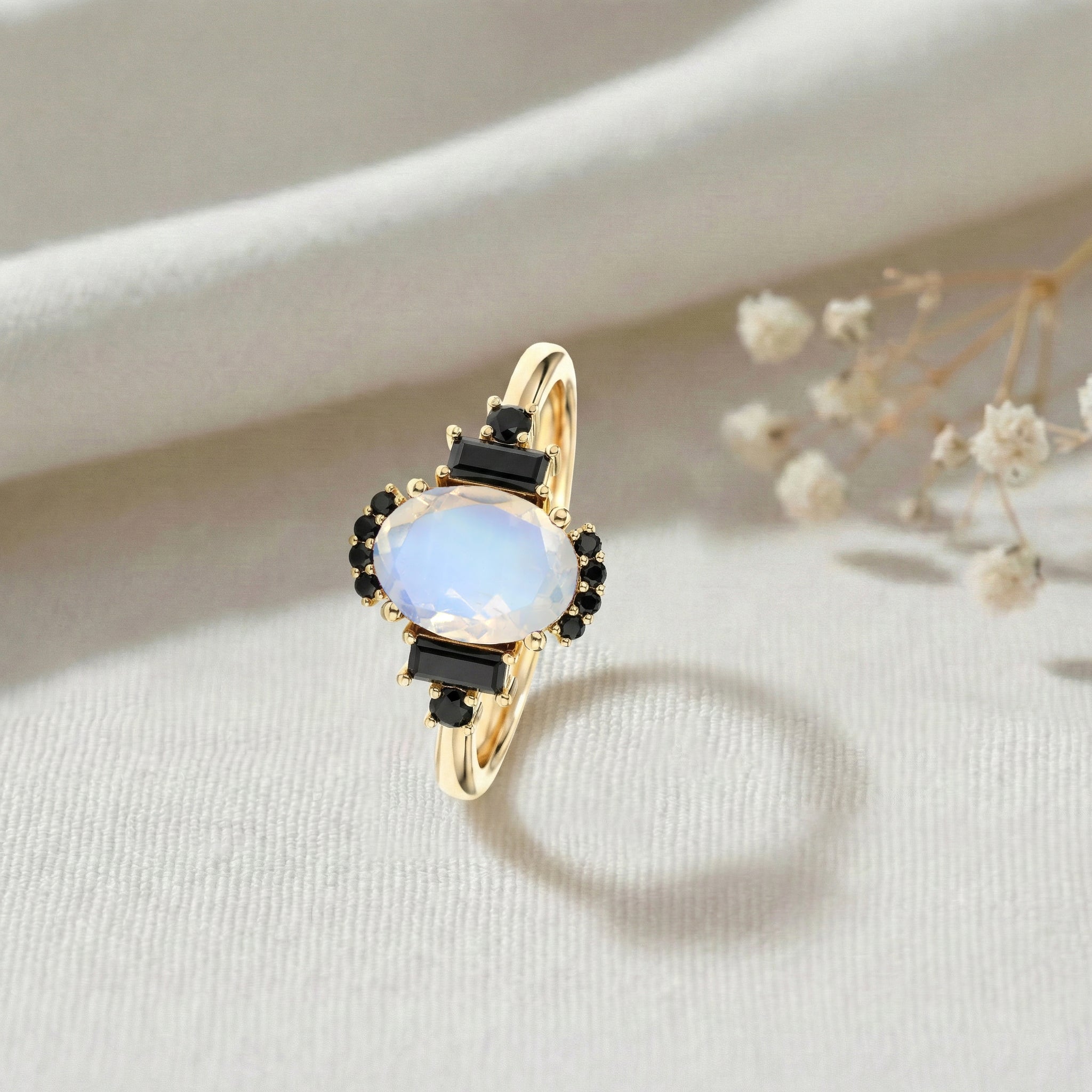 Unique moonstone and onyx promise ring in rose gold filled sterling silver finish