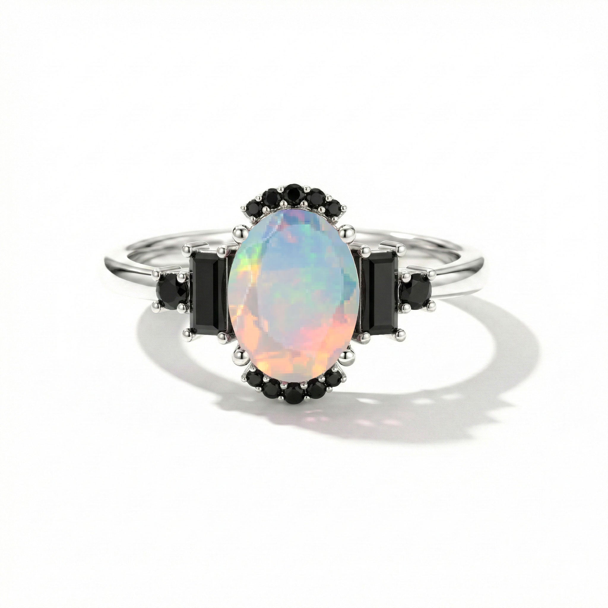 White opal and onyx engagement ring in 925 sterling silver bridal jewelry for women