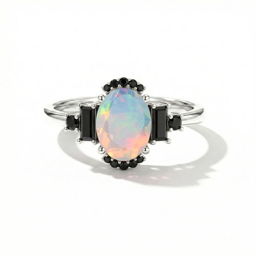 White Opal Engagement Ring with Onyx | Everyday Wear Jewelry | Luxury Gemstone Ring
