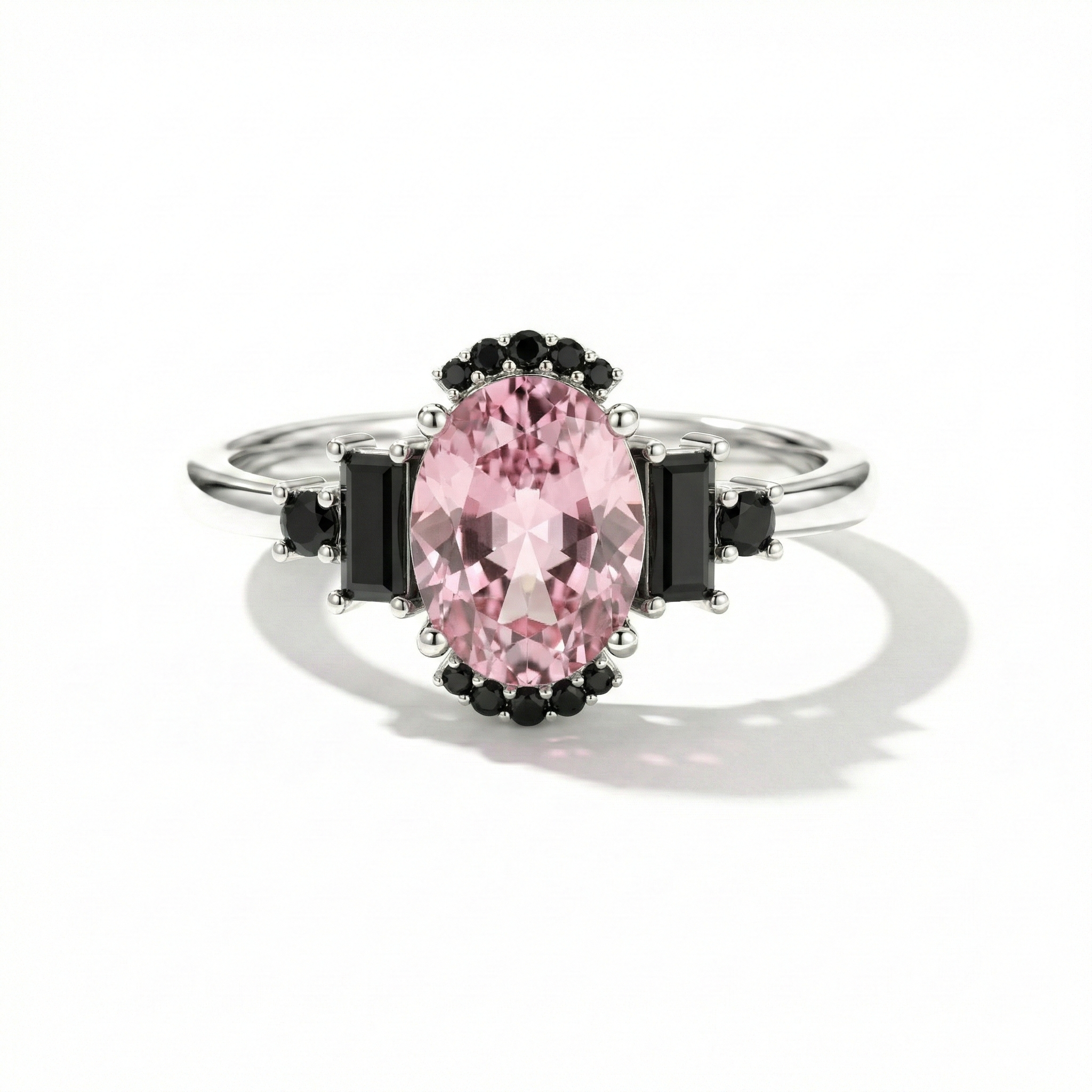 Pink tourmaline and onyx engagement ring in 925 sterling silver bridal jewelry for women