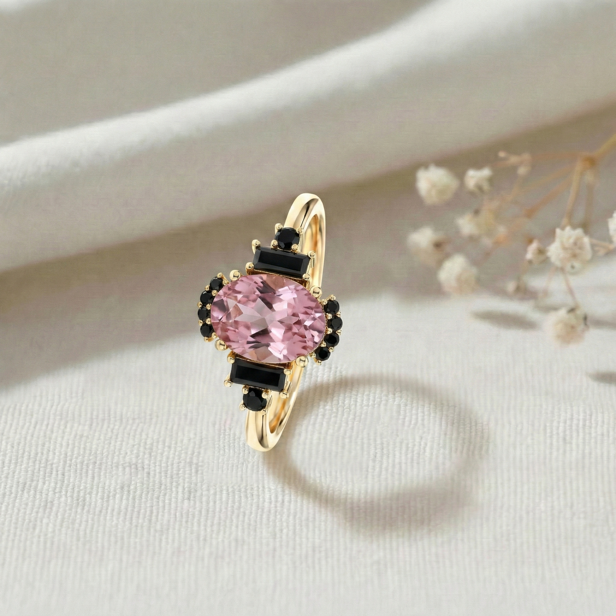 Unique pink tourmaline and onyx promise ring in rose gold filled sterling silver finish