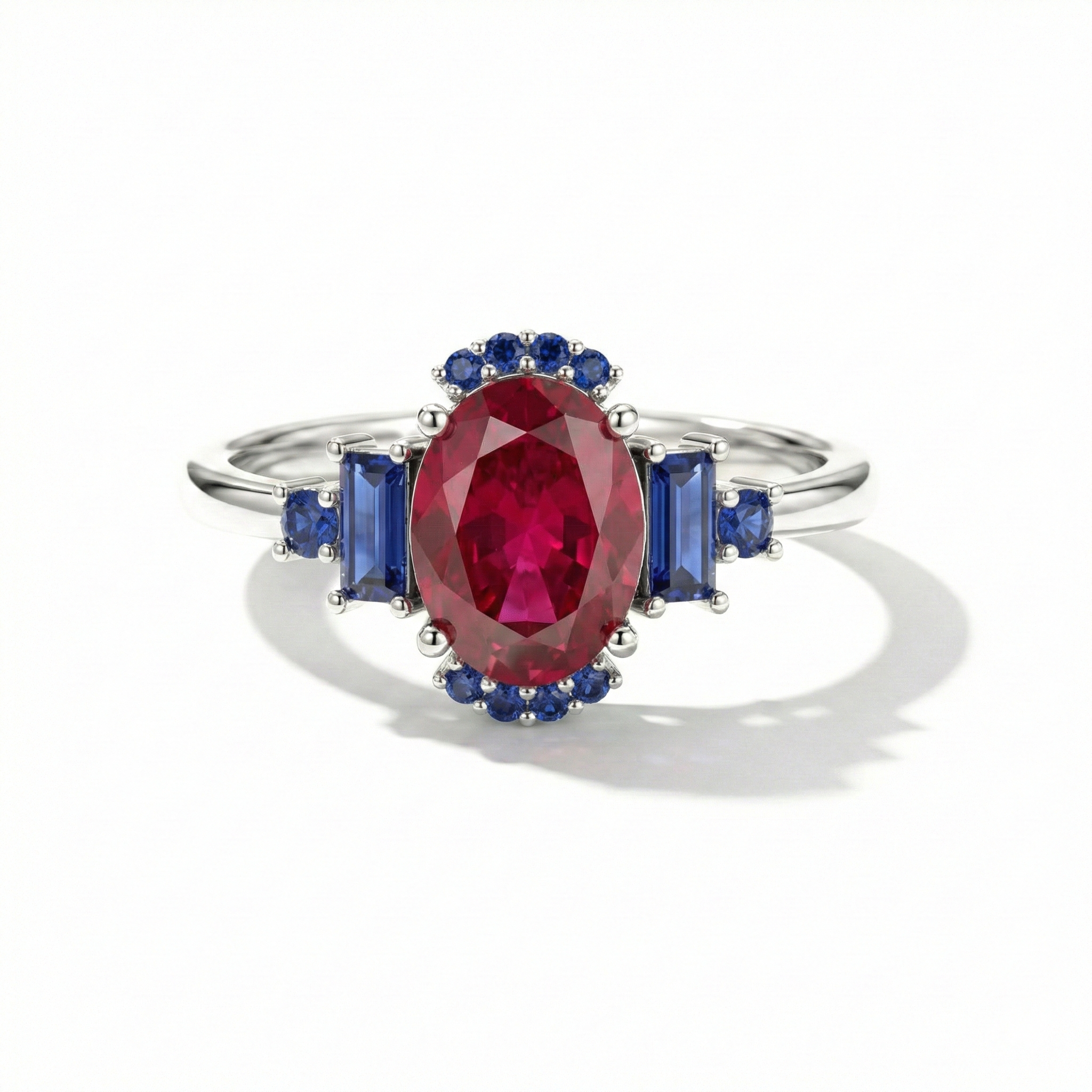 Ruby and blue sapphire engagement ring in 925 sterling silver bridal jewelry for women