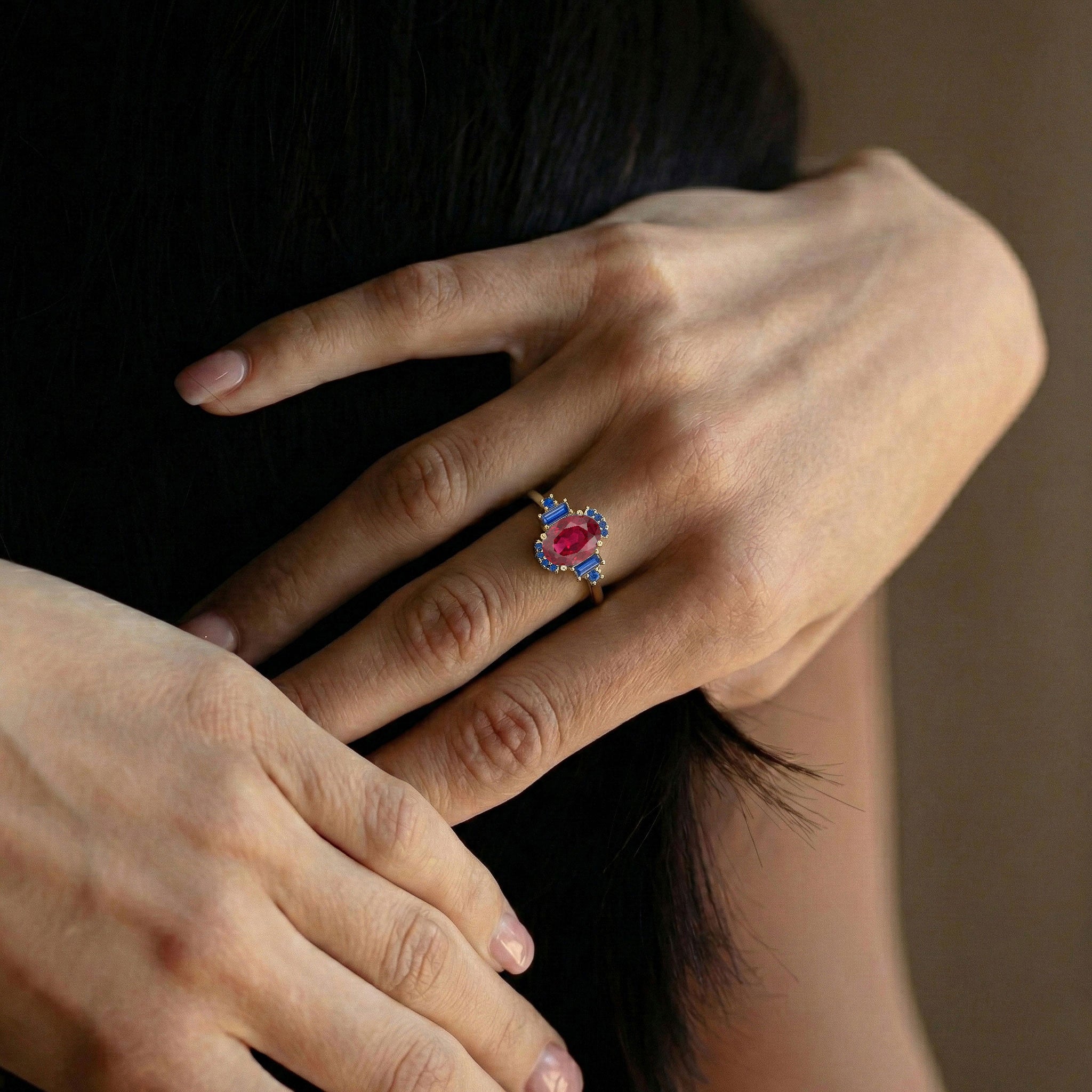 Luxury ruby engagement ring with blue sapphire gemstone in sterling silver for her