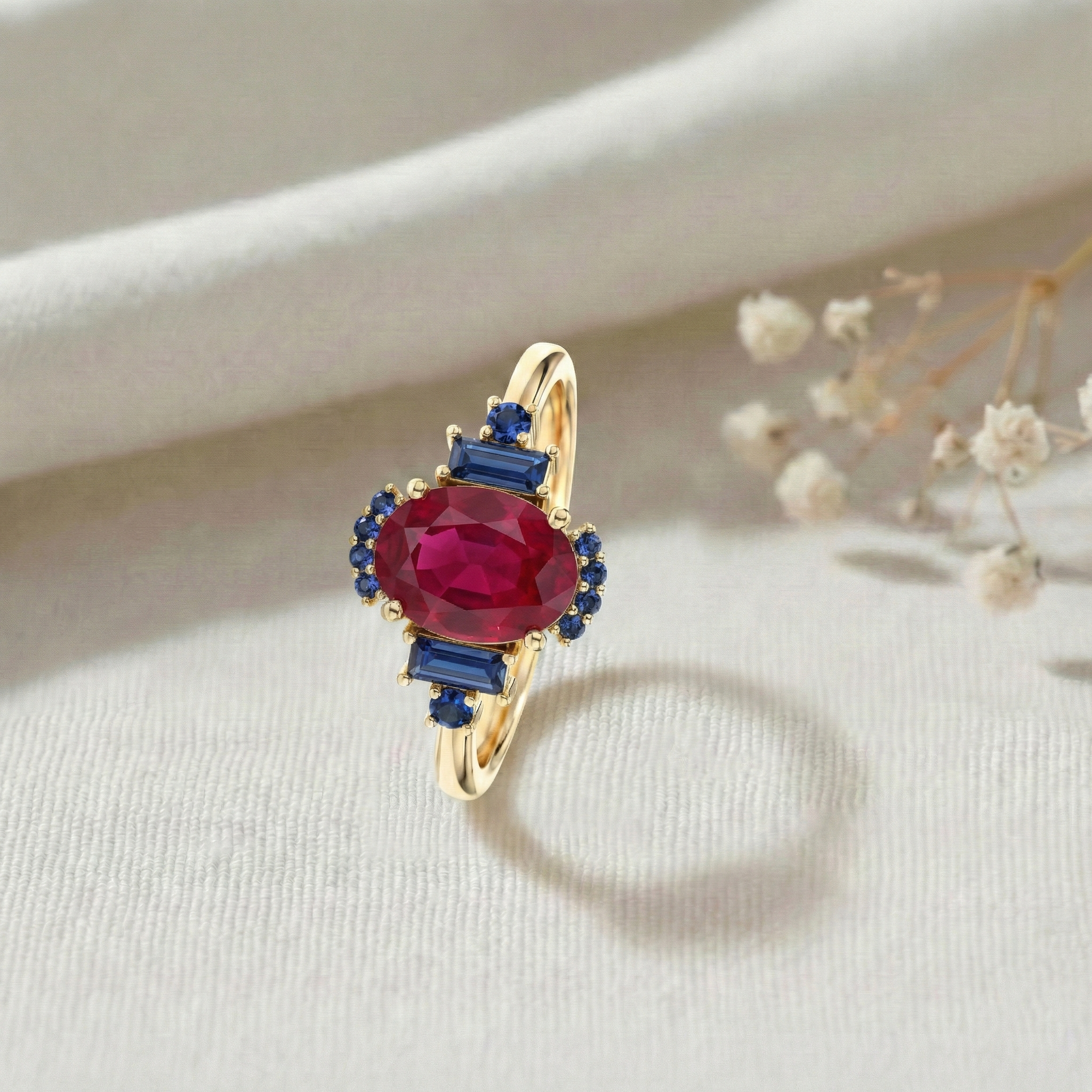 Unique ruby and blue sapphire promise ring in rose gold filled sterling silver finish
