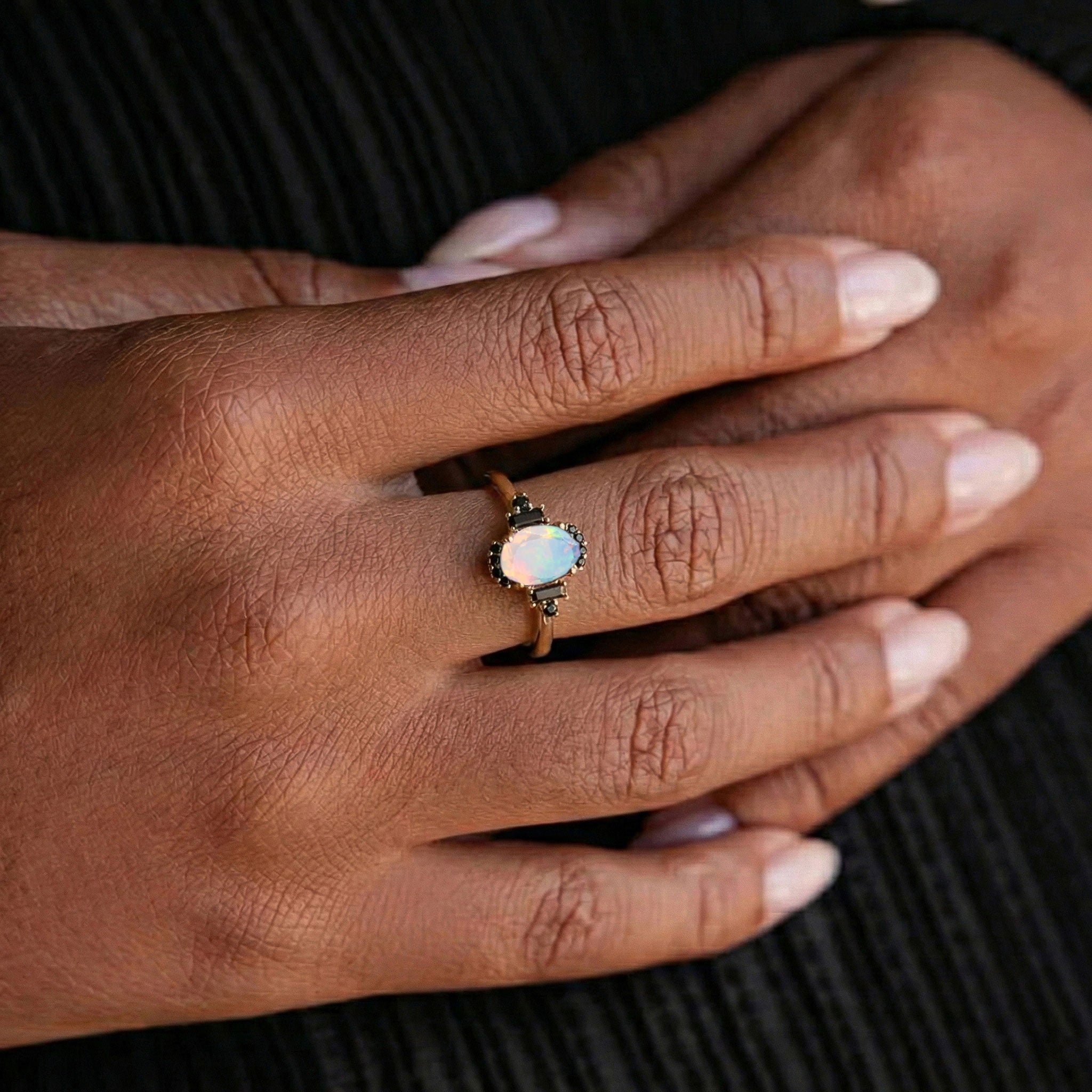 Luxury white opal engagement ring with black onyx gemstone in sterling silver for her