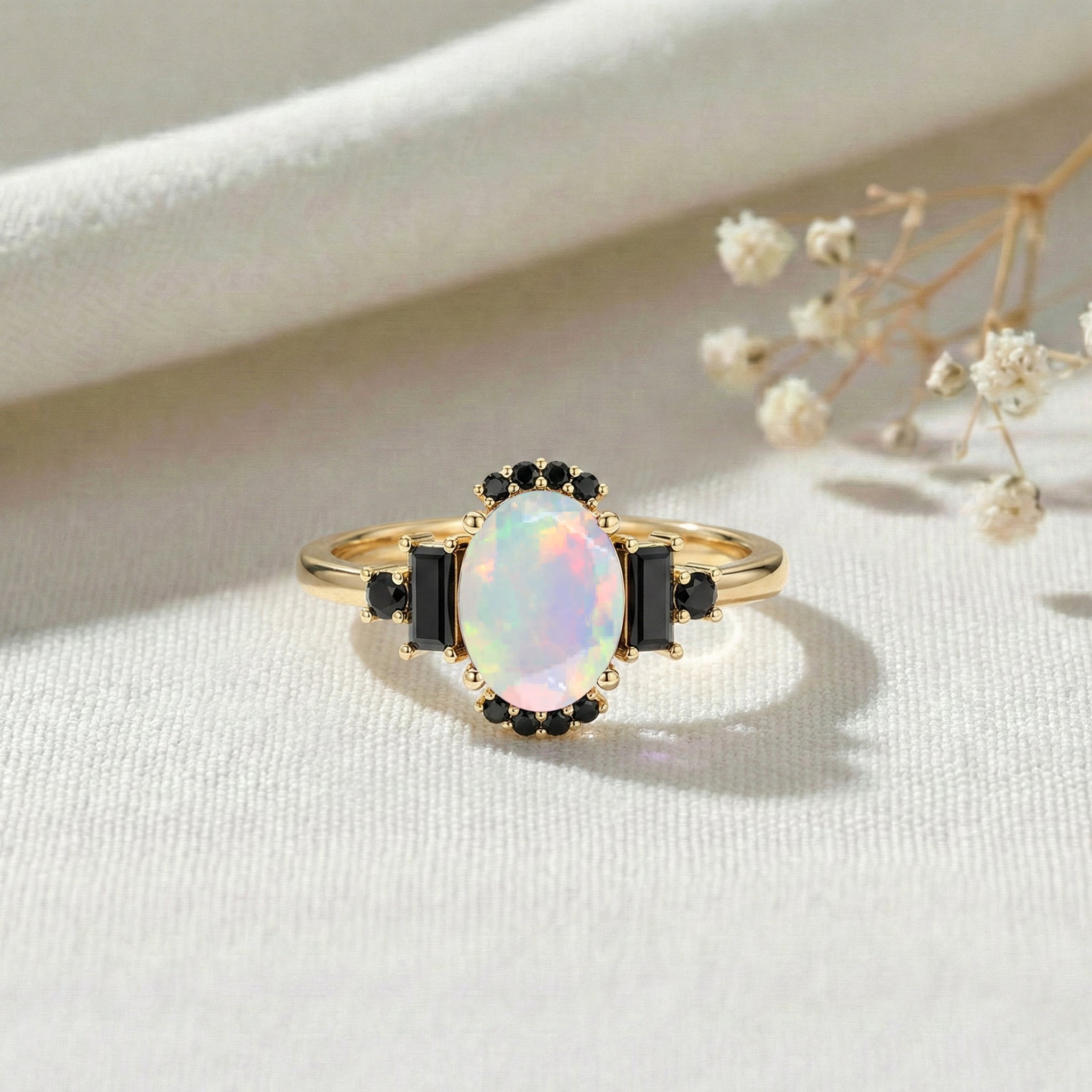 October birthstone white opal ring with black onyx in sterling silver engagement jewelry
