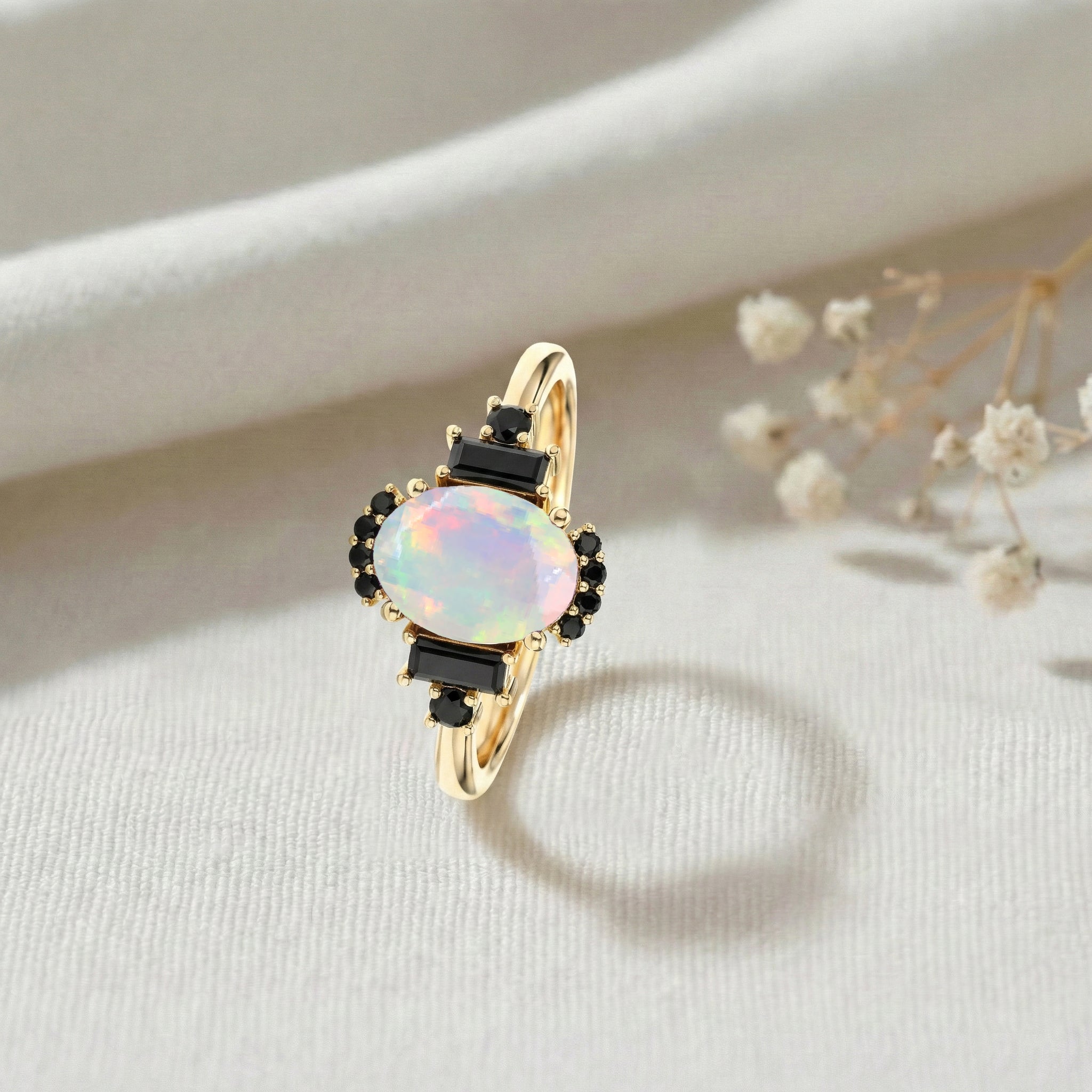Unique white opal and onyx promise ring in rose gold filled sterling silver finish
