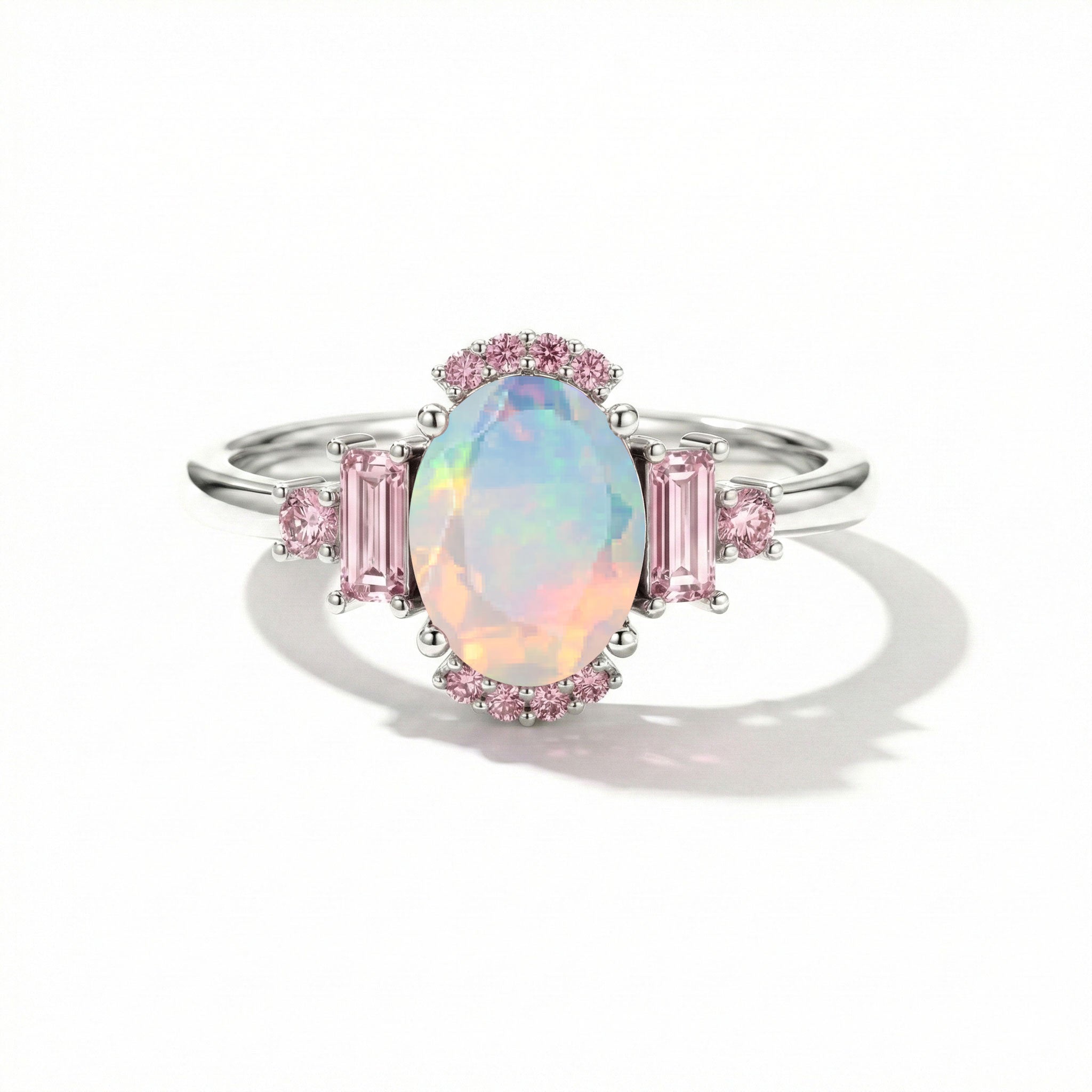 White opal and pink tourmaline engagement ring in 925 sterling silver bridal jewelry for women
