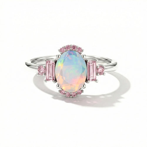 White Opal Pink Tourmaline Engagement Ring | 925 Sterling Silver Engagement Jewelry for Women