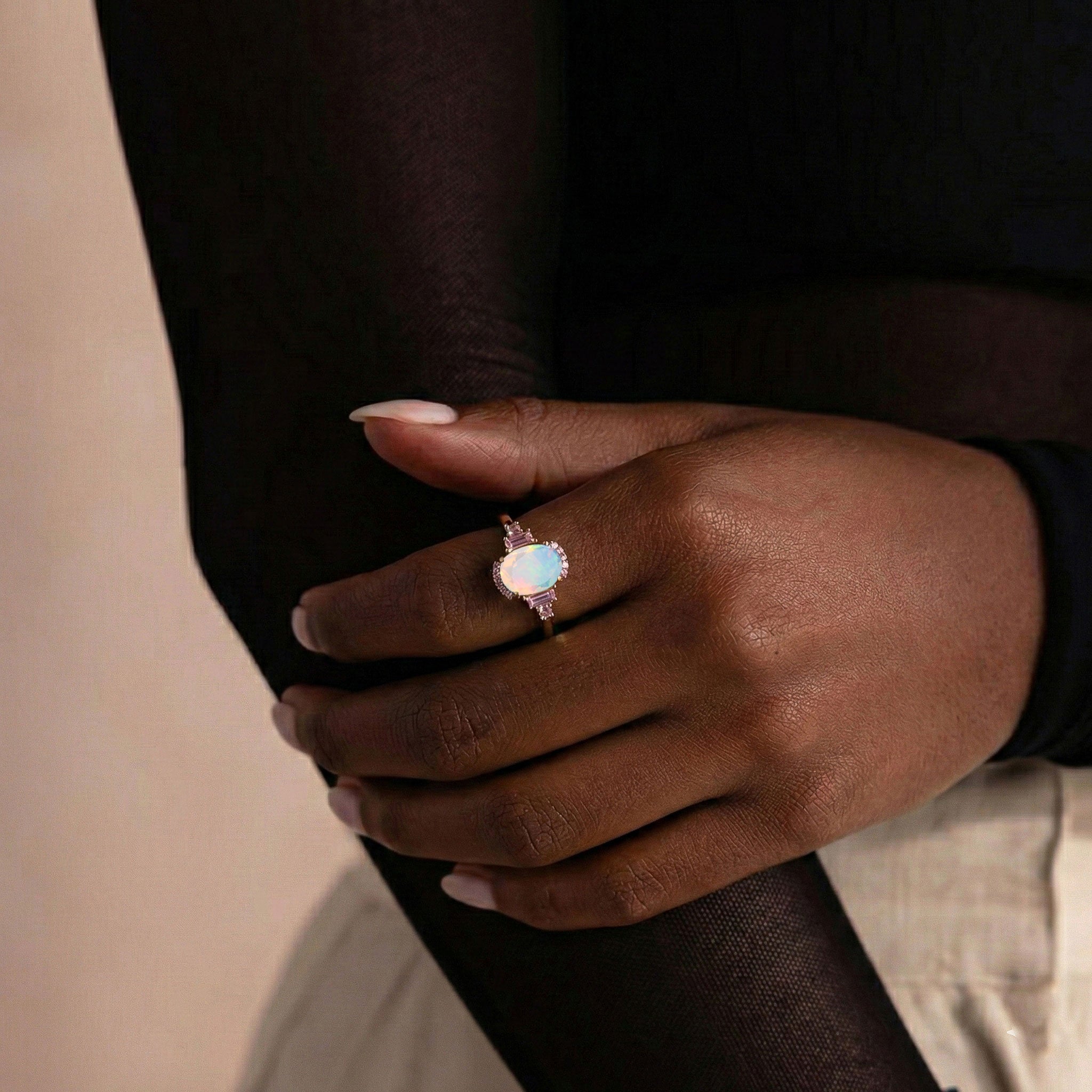 Luxury white opal engagement ring with pink tourmaline gemstone in sterling silver for her
