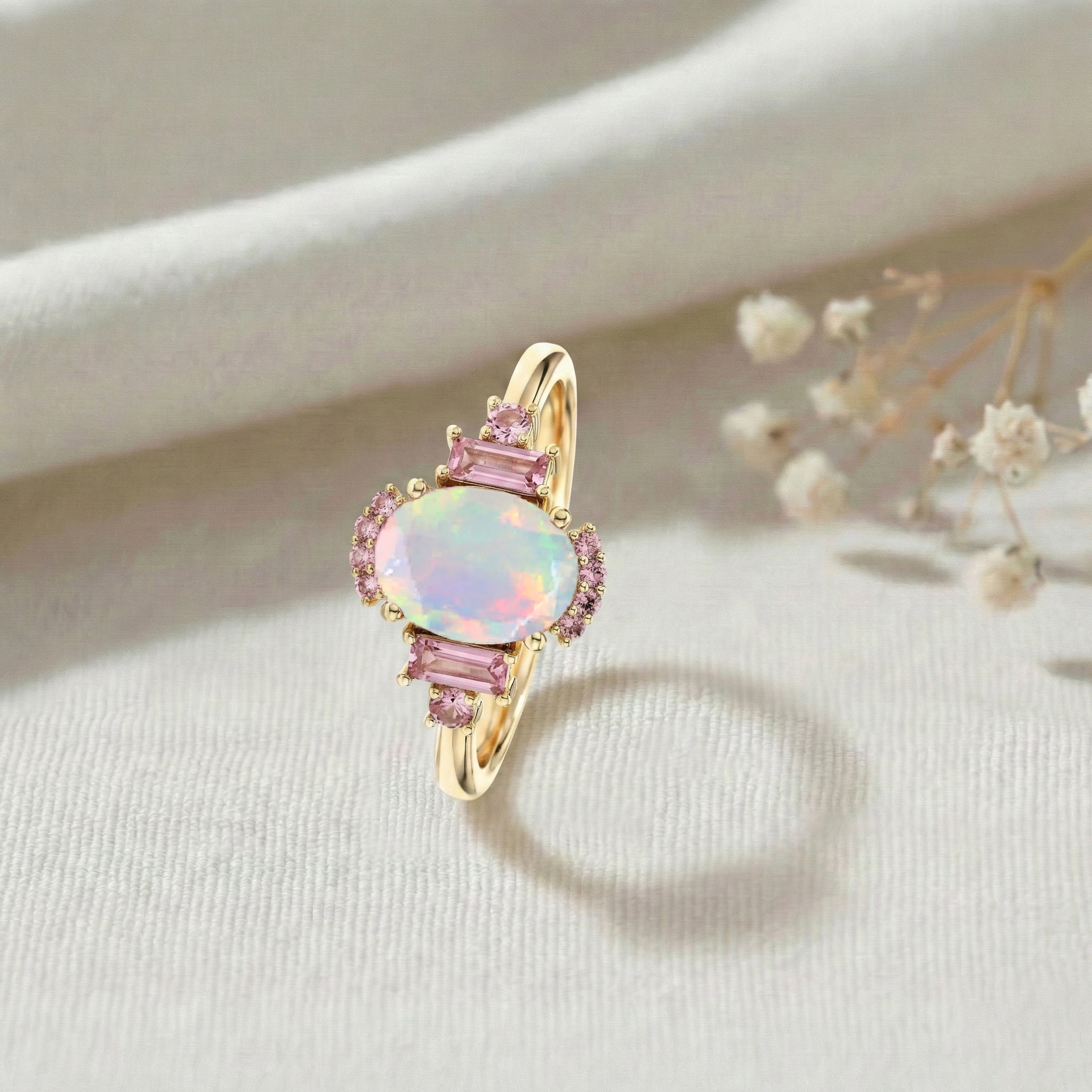 Unique white opal and pink tourmaline promise ring in rose gold filled sterling silver finish

