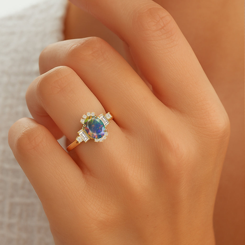 Natural Black Fire Opal Halo Wedding Ring