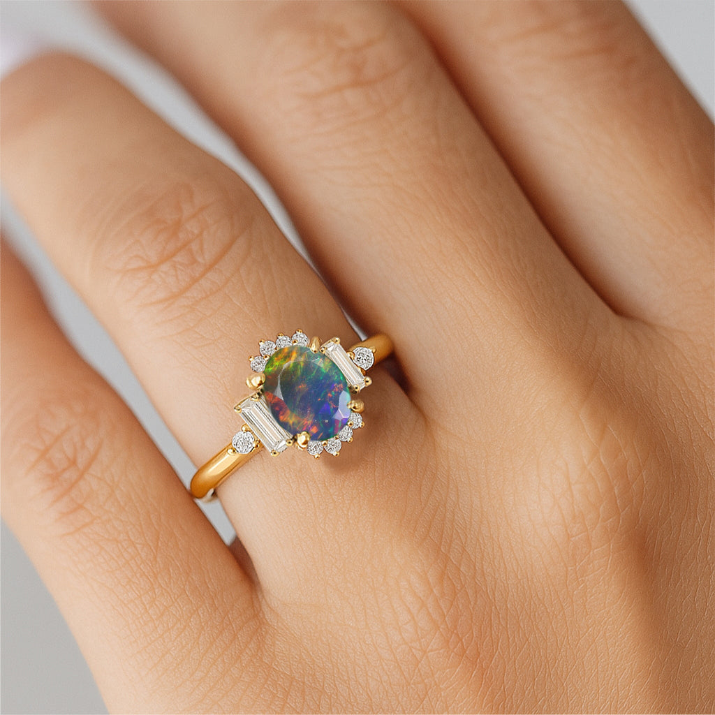 Natural Black Fire Opal Halo Wedding Ring