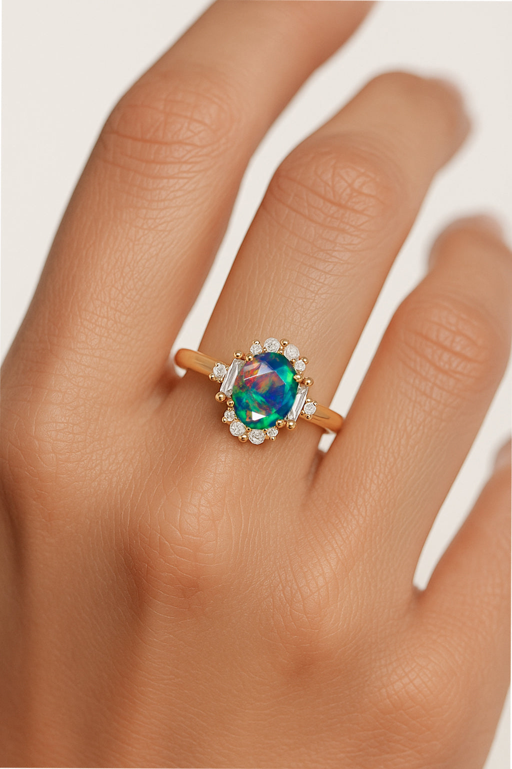 Natural Black Fire Opal Halo Wedding Ring