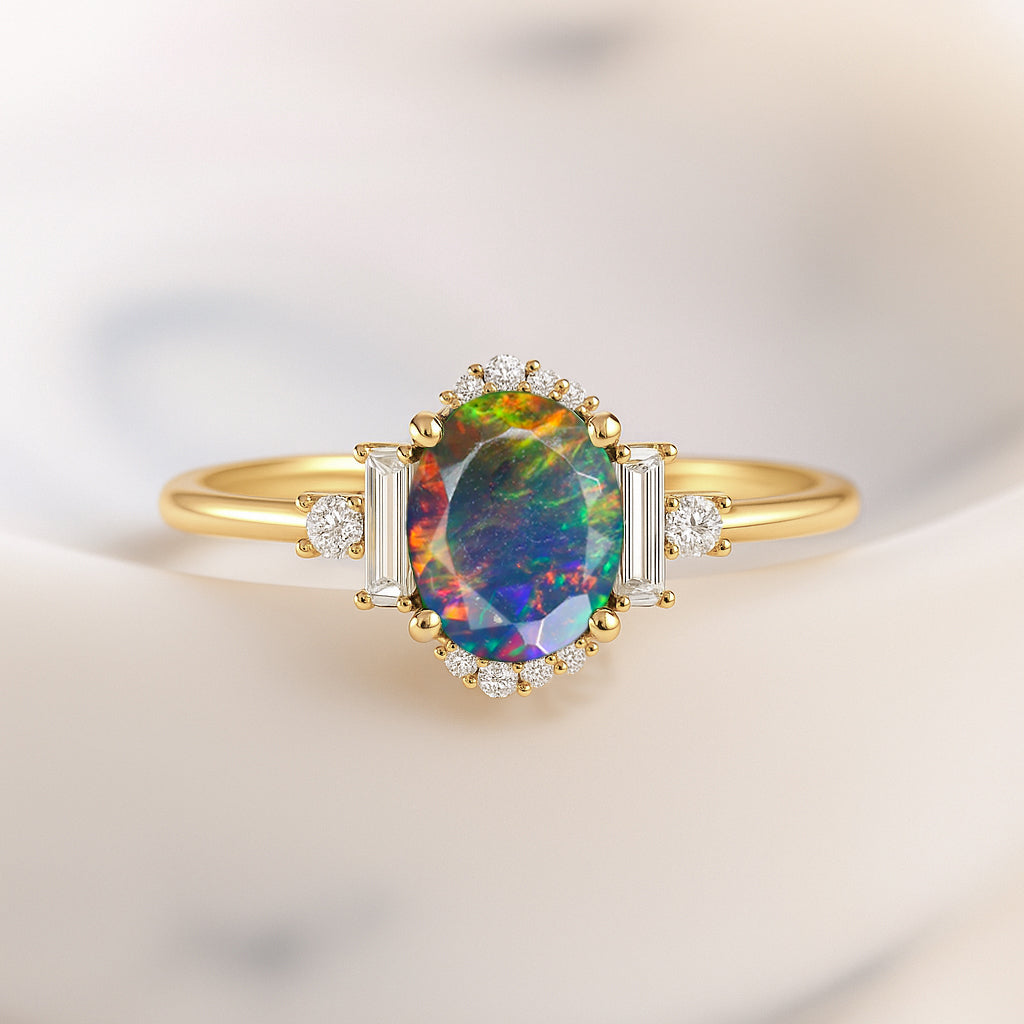 Natural Black Fire Opal Halo Wedding Ring