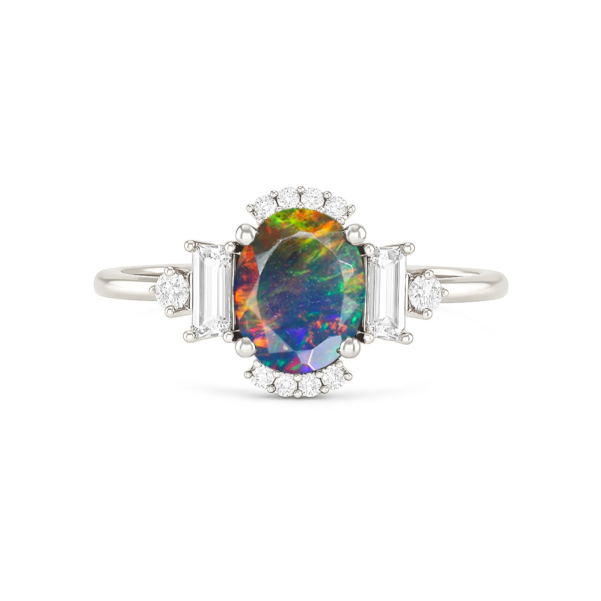 Natural Black Fire Opal Halo Wedding Ring