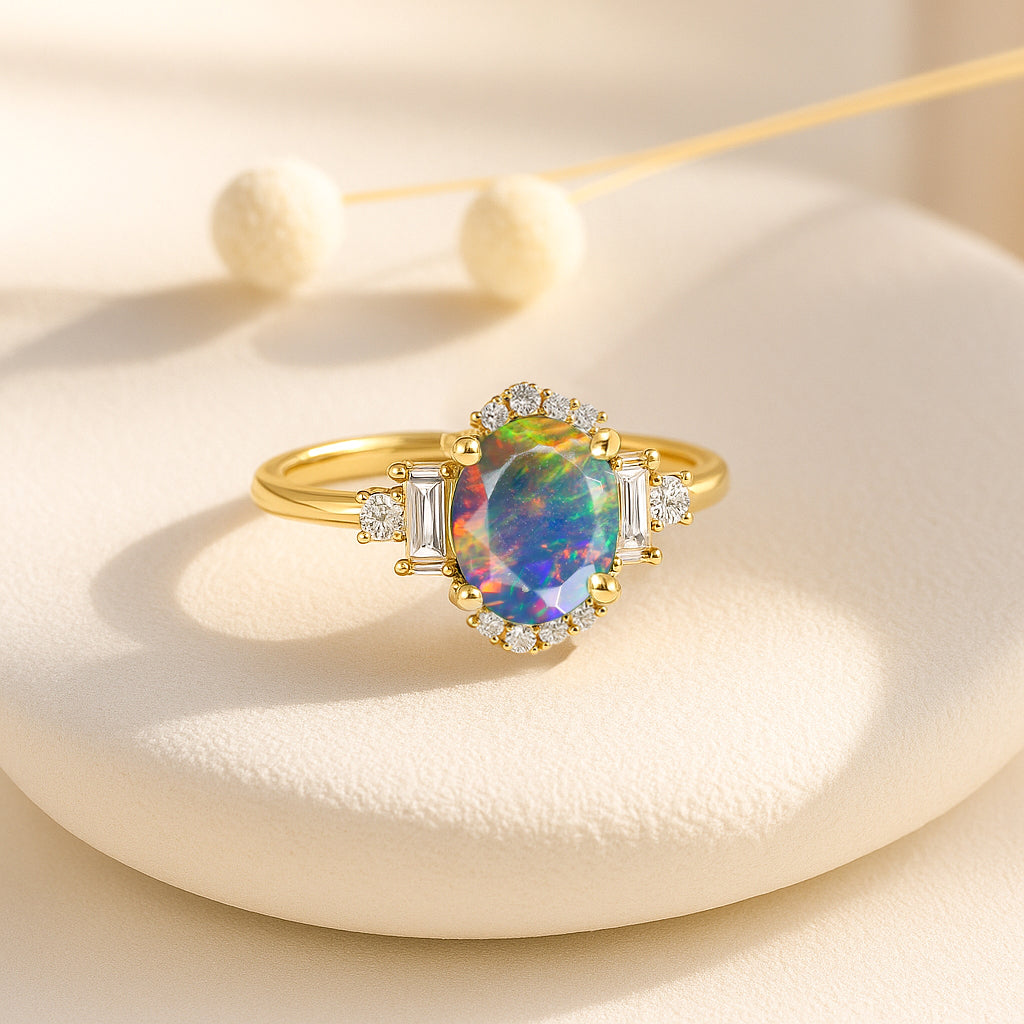 Natural Black Fire Opal Halo Wedding Ring