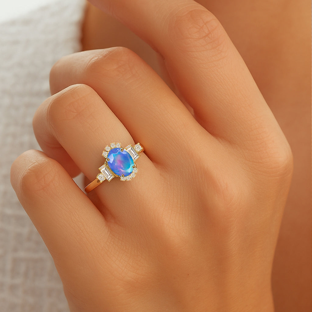 Natural Blue Fire Opal Halo Wedding Ring