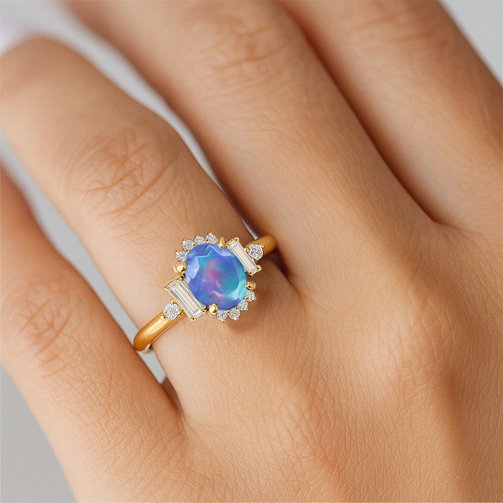 Natural Blue Fire Opal Halo Wedding Ring