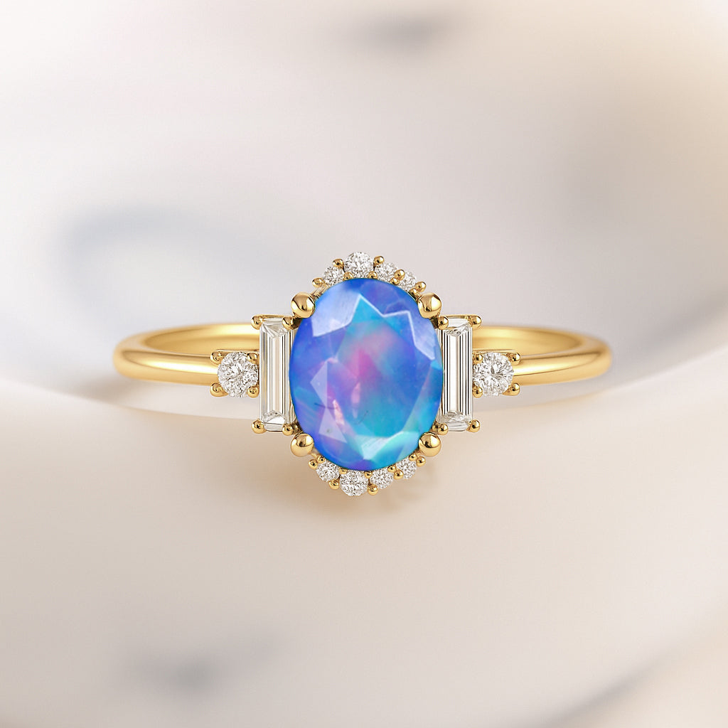 Natural Blue Fire Opal Halo Wedding Ring