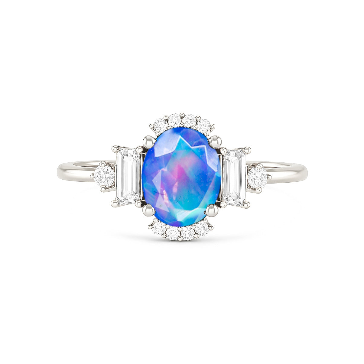 Natural Blue Fire Opal Halo Wedding Ring