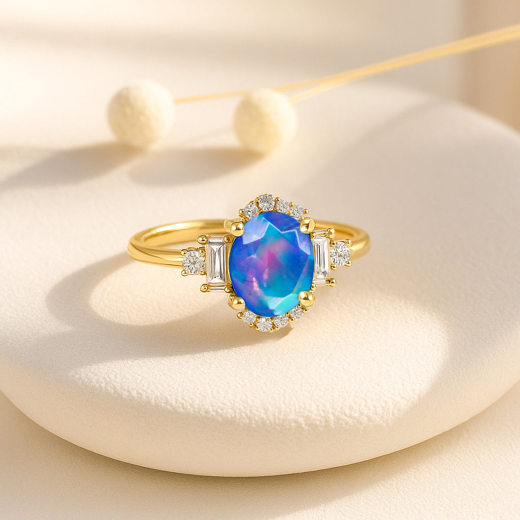 Natural Blue Fire Opal Halo Wedding Ring