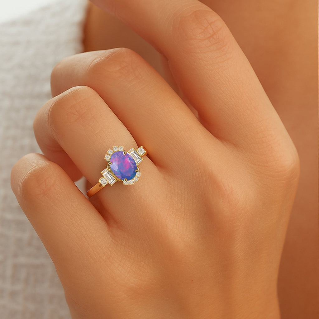 Natural Lavender Fire Opal Halo Wedding Ring
