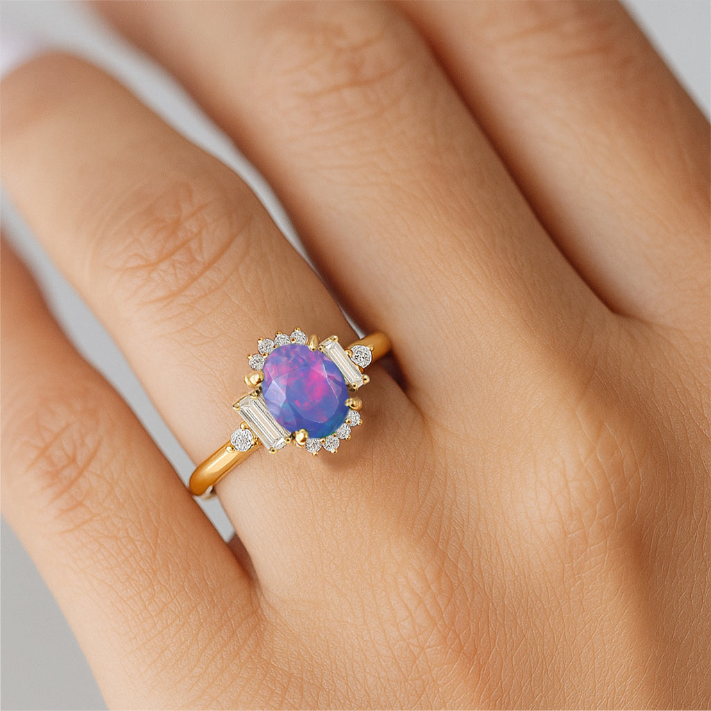 Natural Lavender Fire Opal Halo Wedding Ring