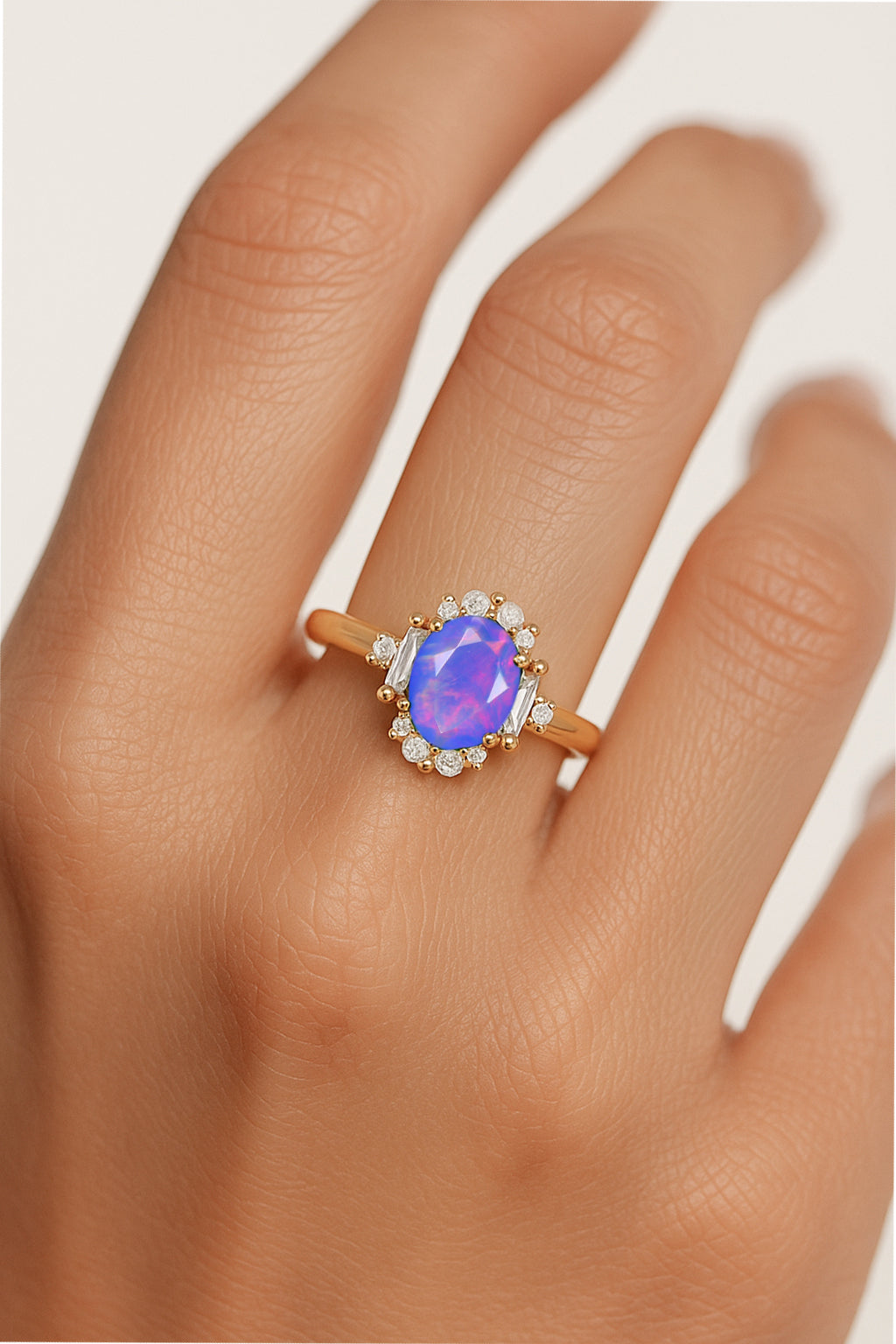 Natural Lavender Fire Opal Halo Wedding Ring
