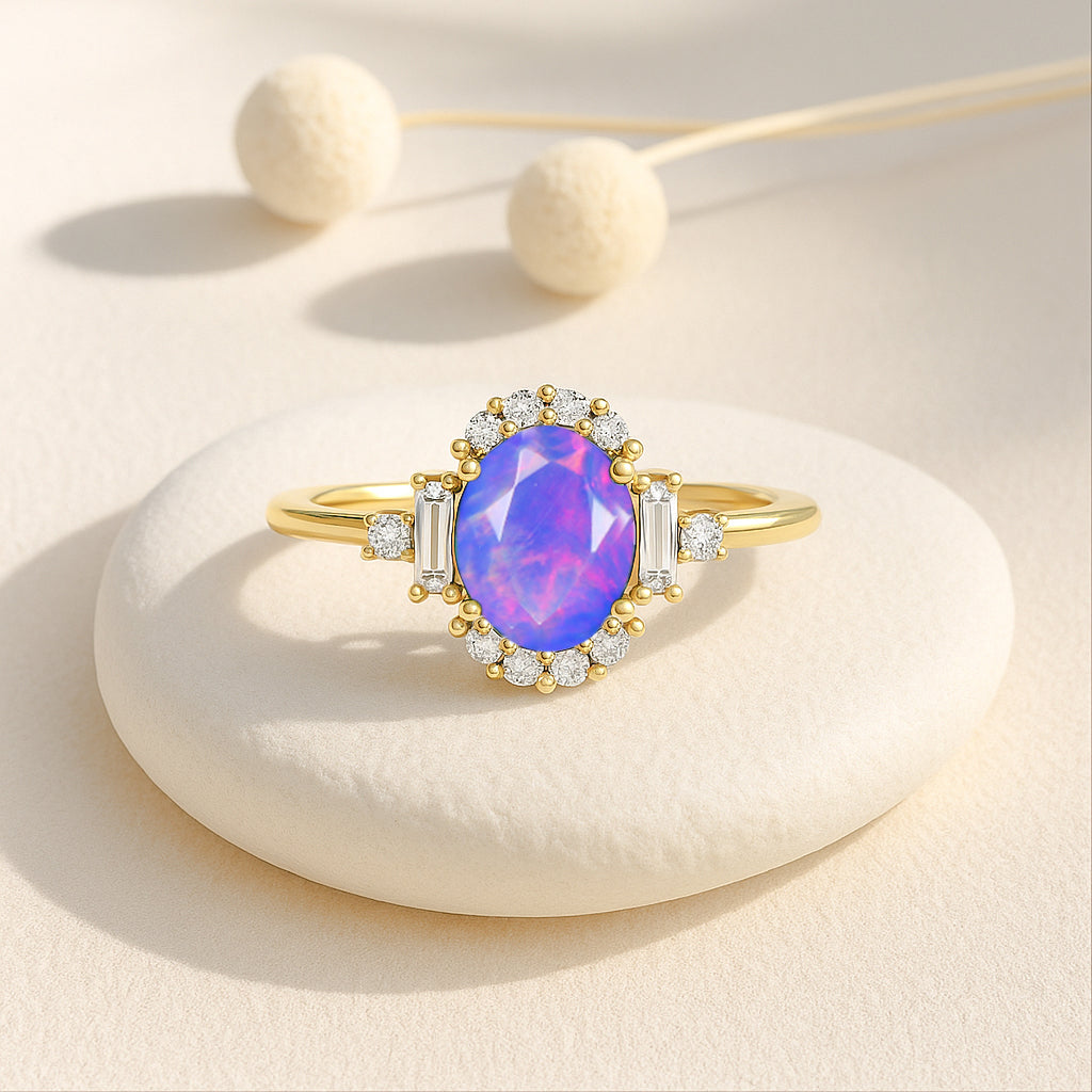 Natural Lavender Fire Opal Halo Wedding Ring