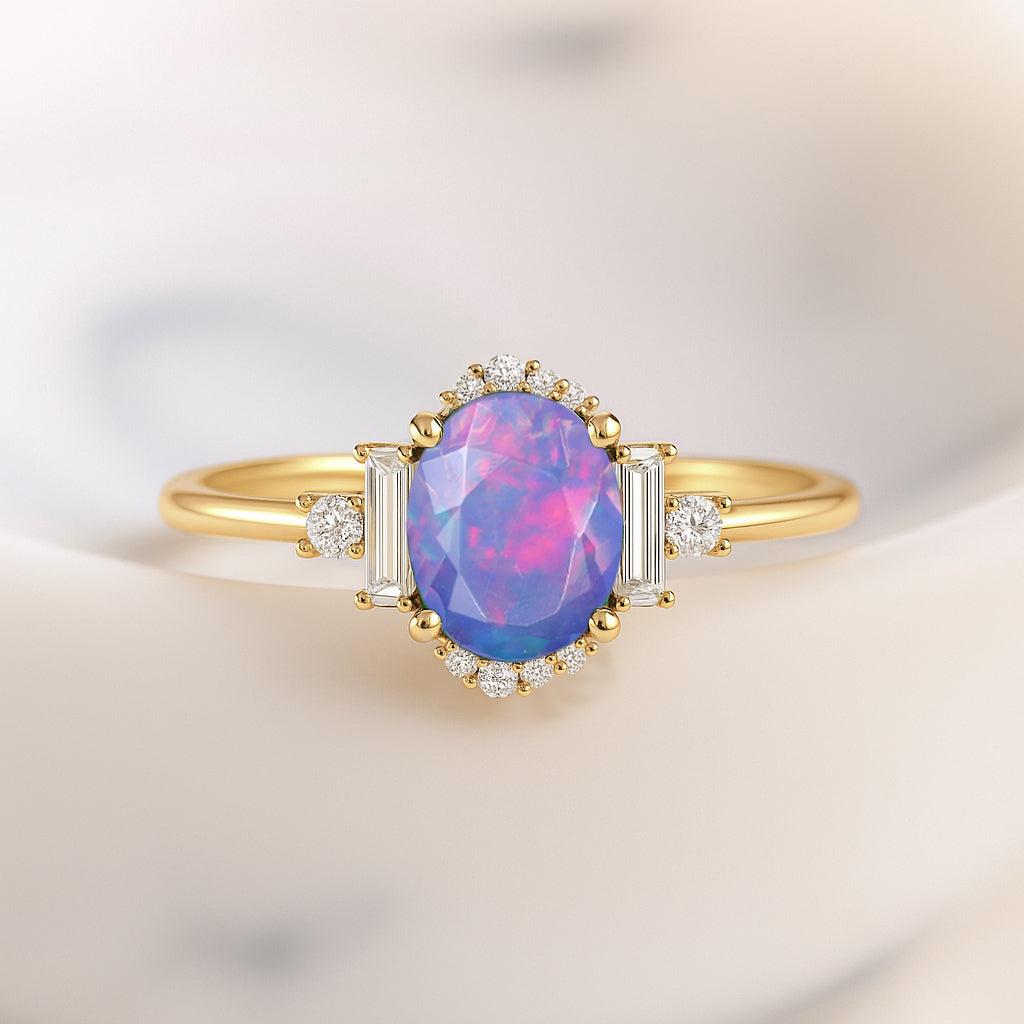 Natural Lavender Fire Opal Halo Wedding Ring