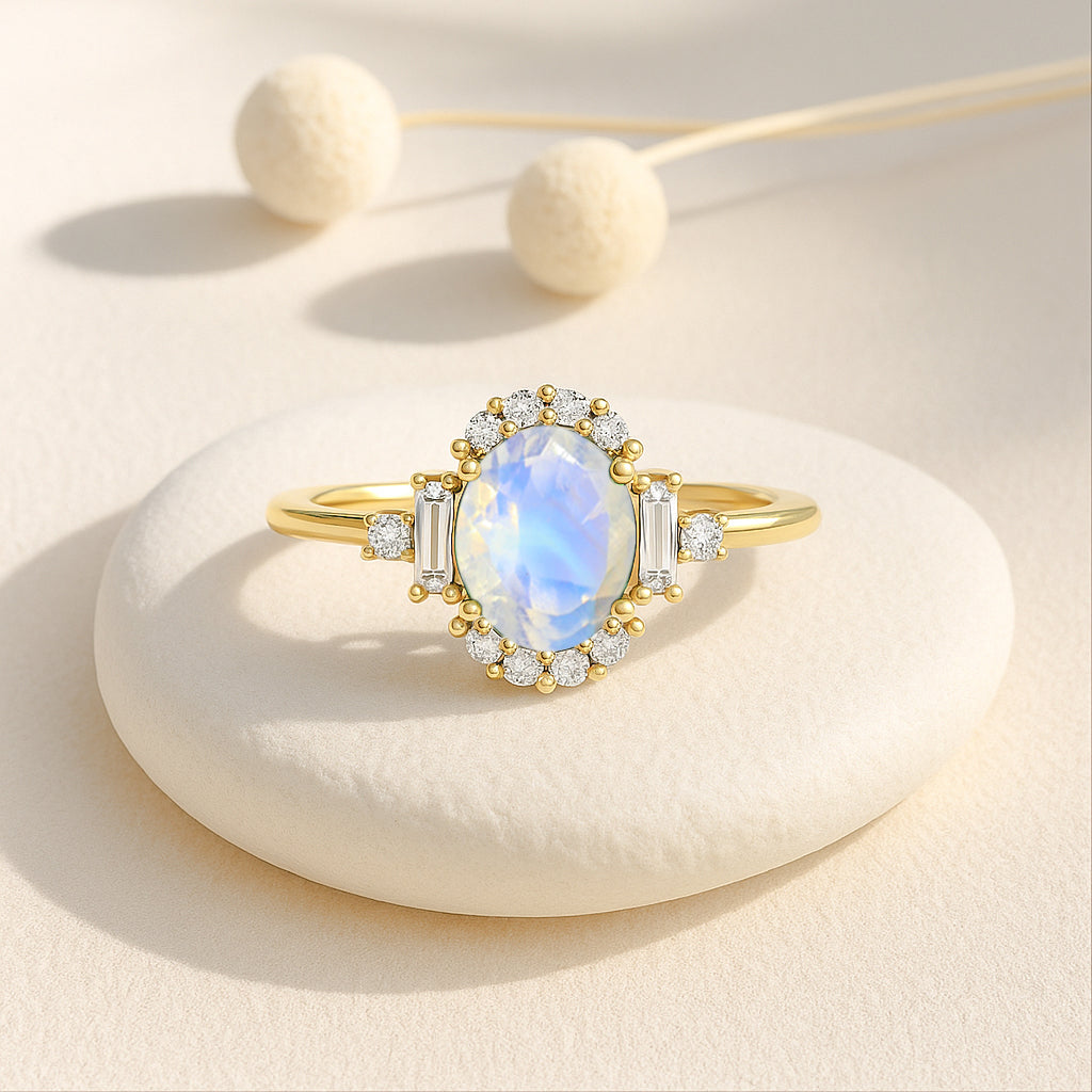 Natural Rainbow Moonstone Halo Wedding Ring
