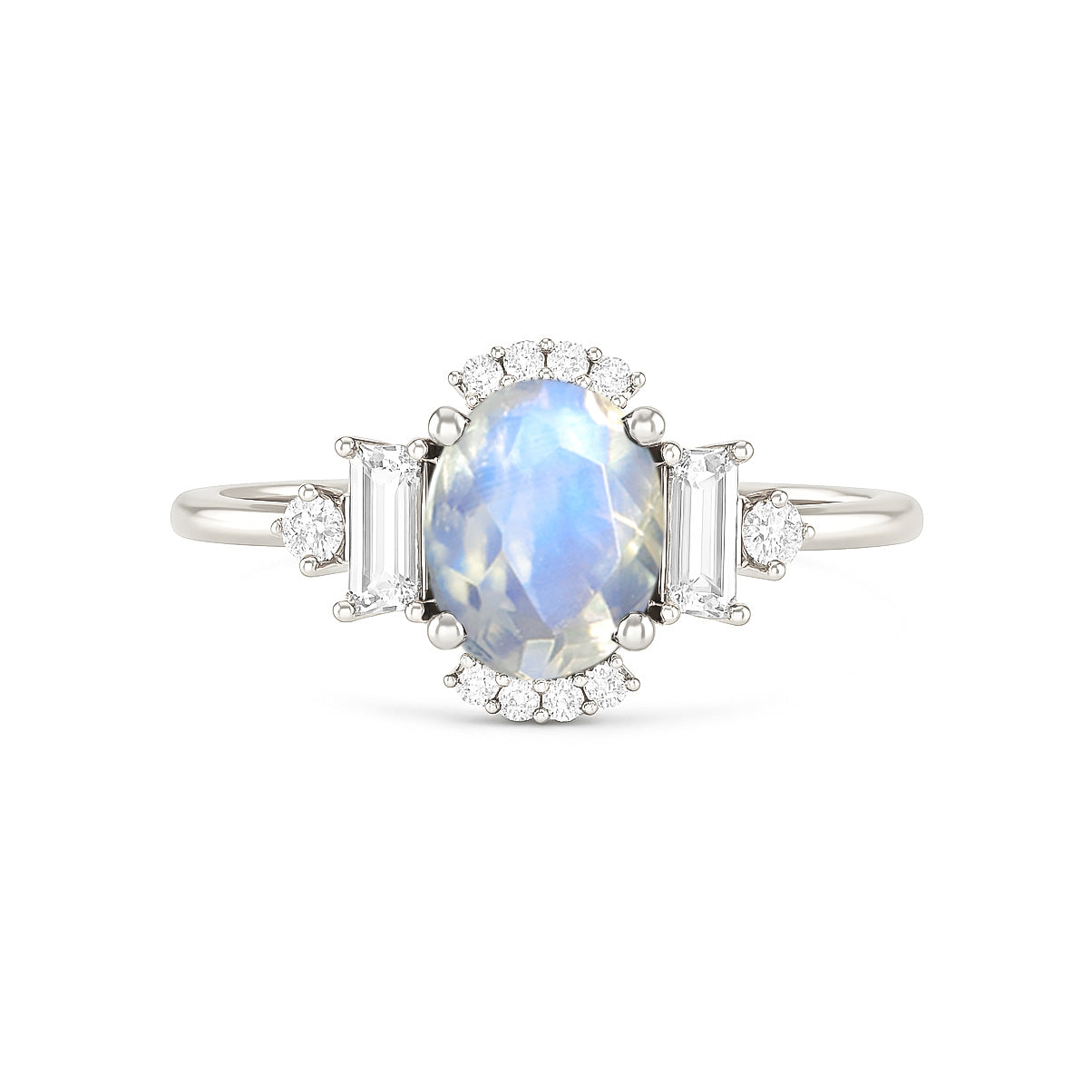 Natural Rainbow Moonstone Halo Wedding Ring