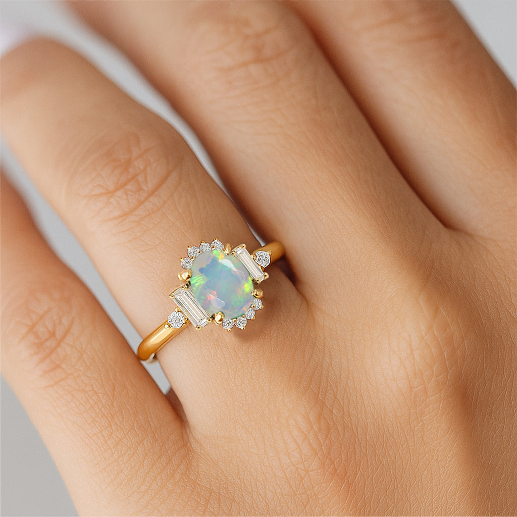 Natural White Fire Opal Halo Wedding Ring