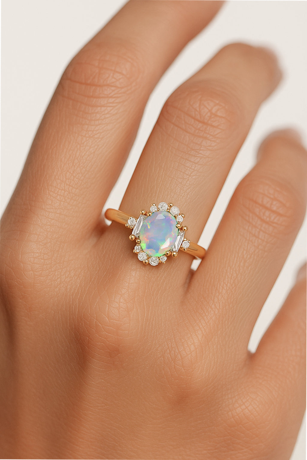 Natural White Fire Opal Halo Wedding Ring