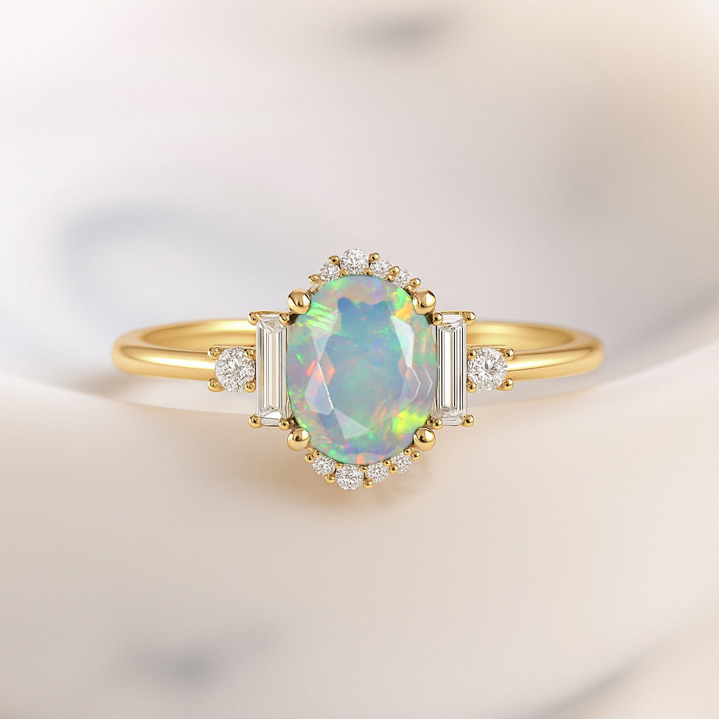 Natural White Fire Opal Halo Wedding Ring
