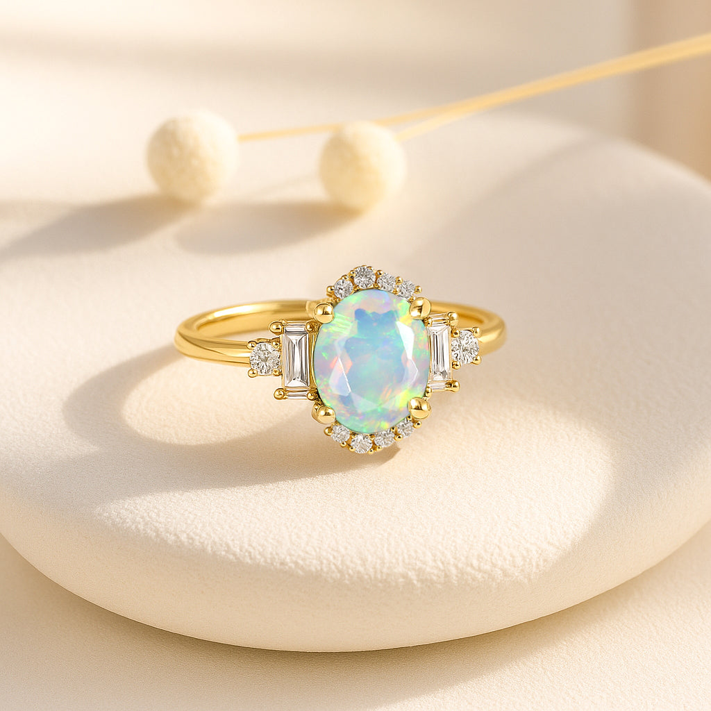 Natural White Fire Opal Halo Wedding Ring